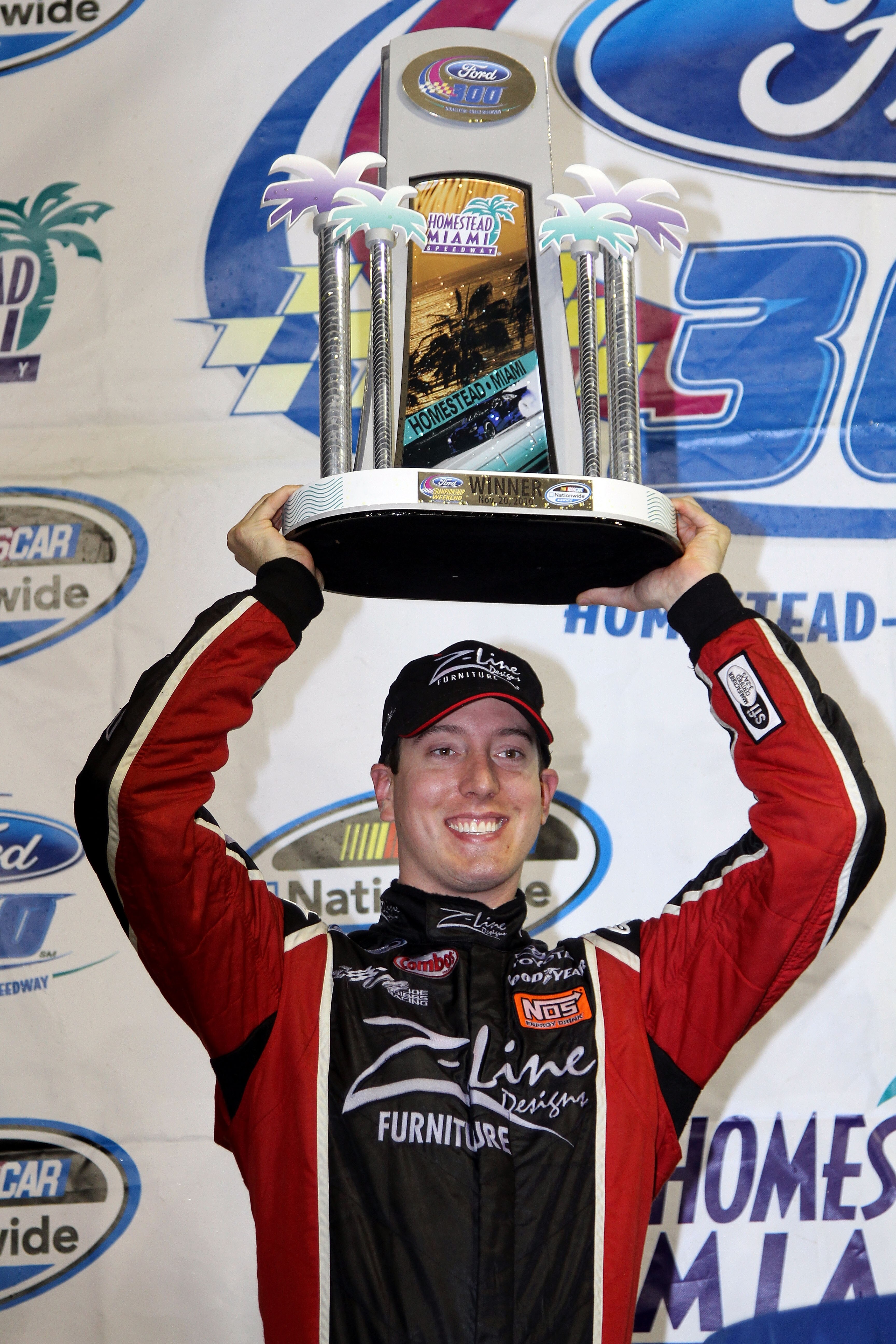 HOMESTEAD, FL - NOVEMBER 20:  Kyle Busch, driver of the #18 Z-Line Designs Toyota, celebrates in victory lane after winning the NASCAR Nationwide Series Ford 300 at Homestead-Miami Speedway on November 20, 2010 in Homestead, Florida.  (Photo by Jerry Mark