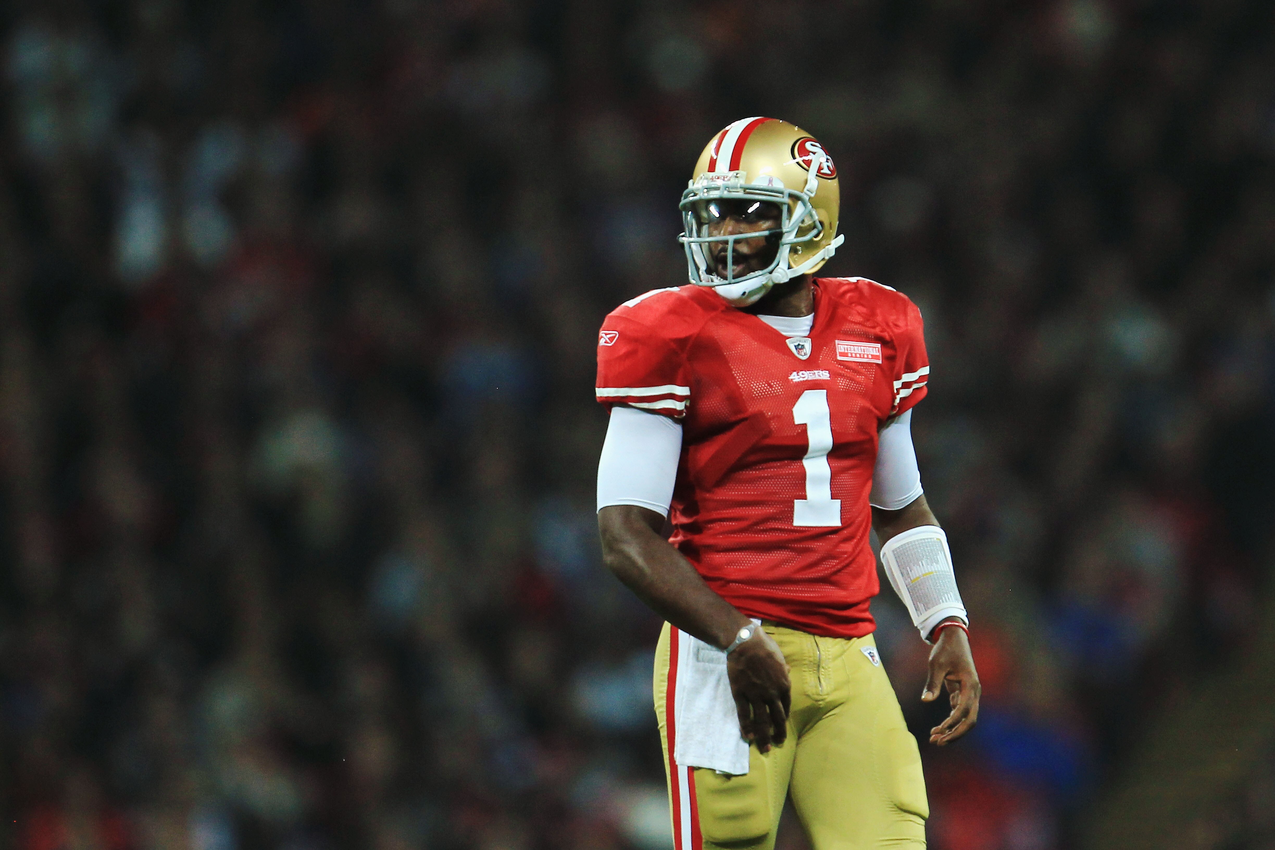 LONDON, ENGLAND - OCTOBER 31:  Quarterback Troy Smith #1 of San Francisco 49ers looks on during the NFL International Series match between Denver Broncos and San Francisco 49ers at Wembley Stadium on October 31, 2010 in London, England. This is the fourth
