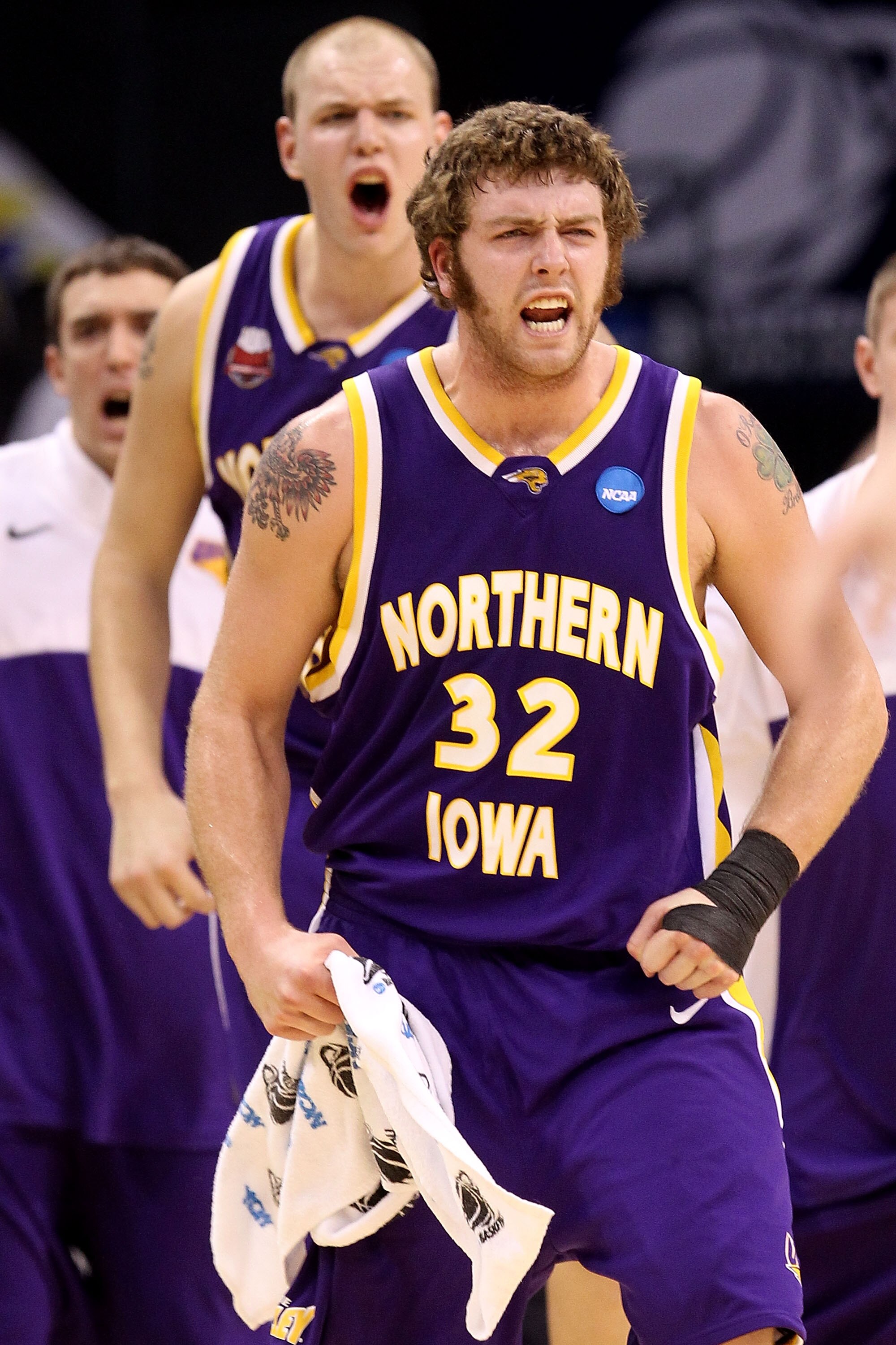 OKLAHOMA CITY - MARCH 20:  Lucas O'Rear #32 and Jordan Eglseder #53 of the Northern Iowa Panthers reacts against the Kansas Jayhawks during the second round of the 2010 NCAA men's basketball tournament at Ford Center on March 20, 2010 in Oklahoma City, Ok