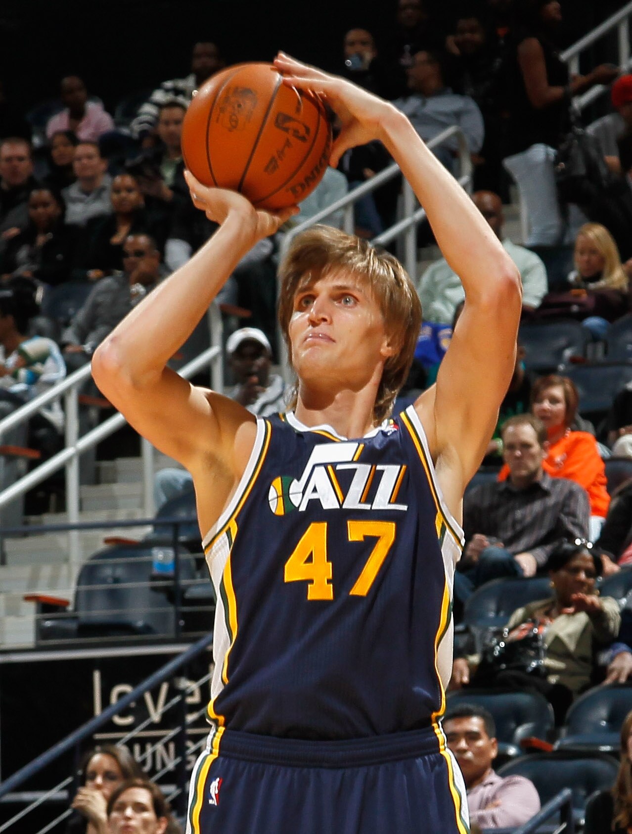 ATLANTA - NOVEMBER 12:  Andrei Kirilenko #47 of the Utah Jazz shoots against the Atlanta Hawks at Philips Arena on November 12, 2010 in Atlanta, Georgia.  NOTE TO USER: User expressly acknowledges and agrees that, by downloading and/or using this Photogra