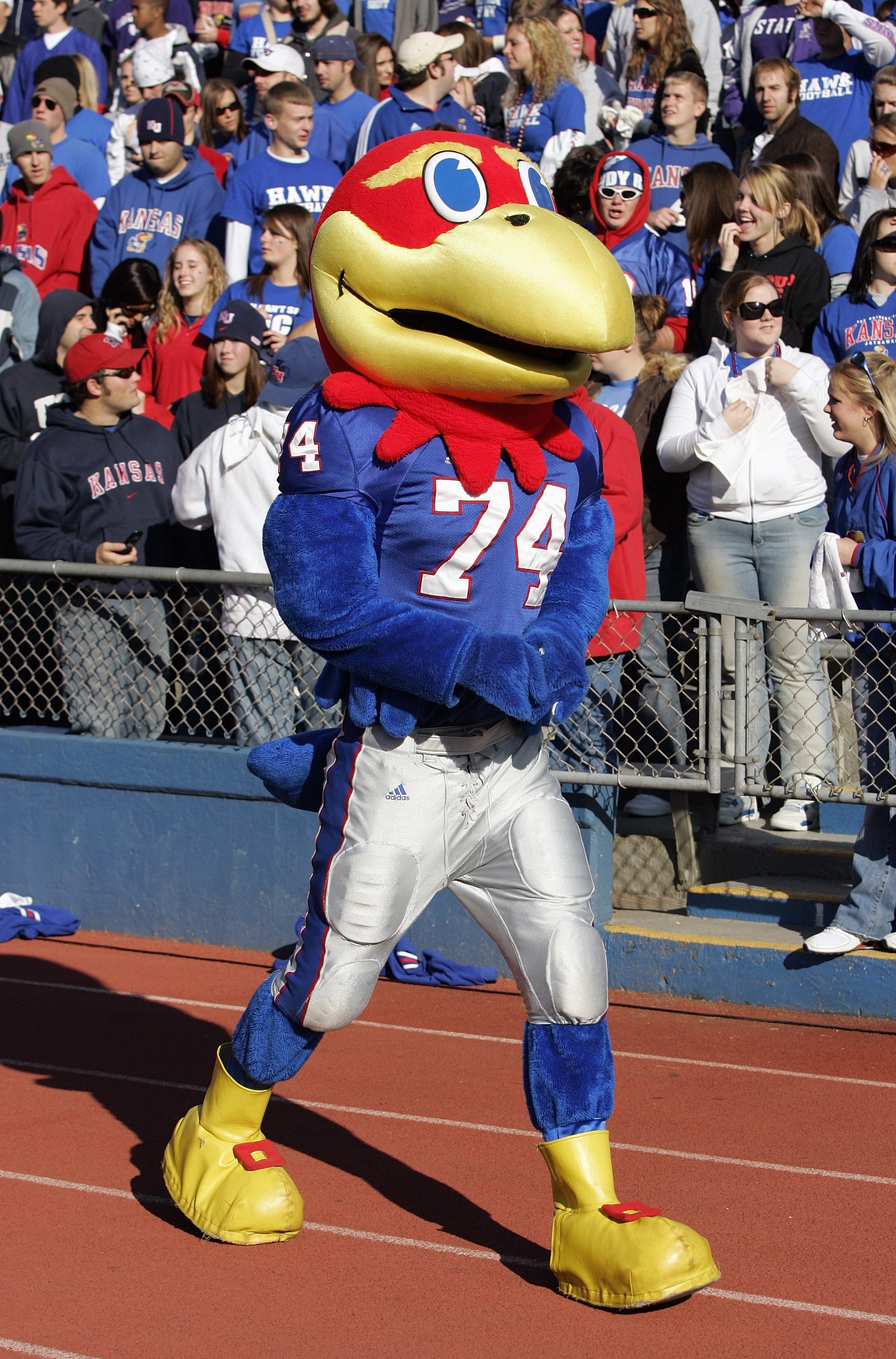 LAWRENCE, KS - NOVEMBER 18:  Mascot of the Kansas Jayhawks walks to the field during the game against the Kansas State Wildcats on November 18, 2006 at Memorial Stadium in Lawrence, Kansas.  Kansas won 39-20.  (Photo by Brian Bahr/Getty Images)