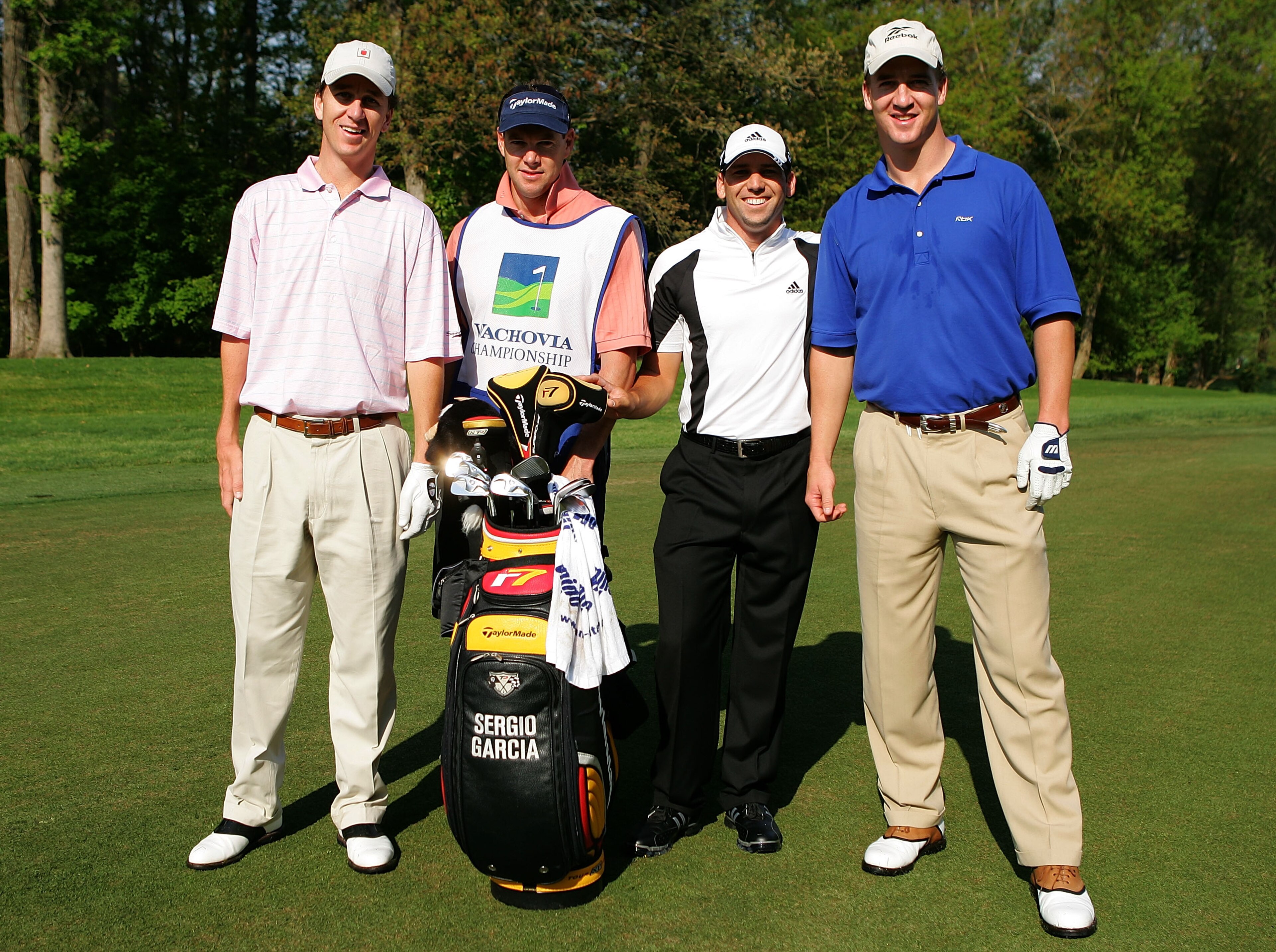 CHARLOTTE, NC - MAY 02:  (L-R) Cooper Manning, caddie Glen Murray, Sergio Garcia of Spain and Indianapolis Colts quarterback Peyton Manning pose during the pro-am at the Wachovia Championship at Quail Hollow Country Club on May 2, 2007 in Charlotte, North