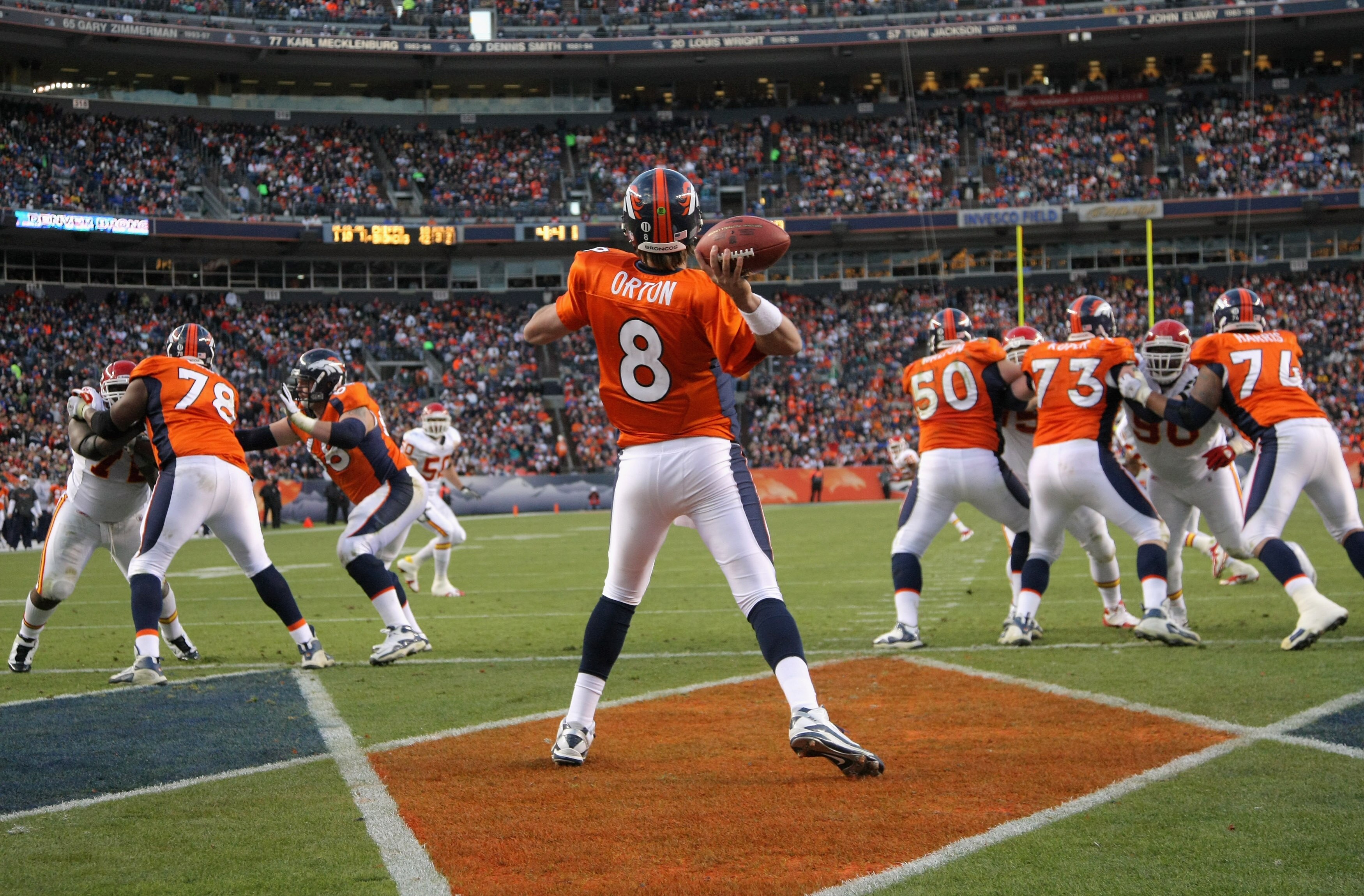 DENVER - NOVEMBER 14:  Quarterback Kyle Orton #8 of the Denver Broncos delivers a pass from his own endzone against the Kansas City Chiefs at INVESCO Field at Mile High on November 14, 2010 in Denver, Colorado. The Broncos defeated the Chiefs 49-29.  (Pho