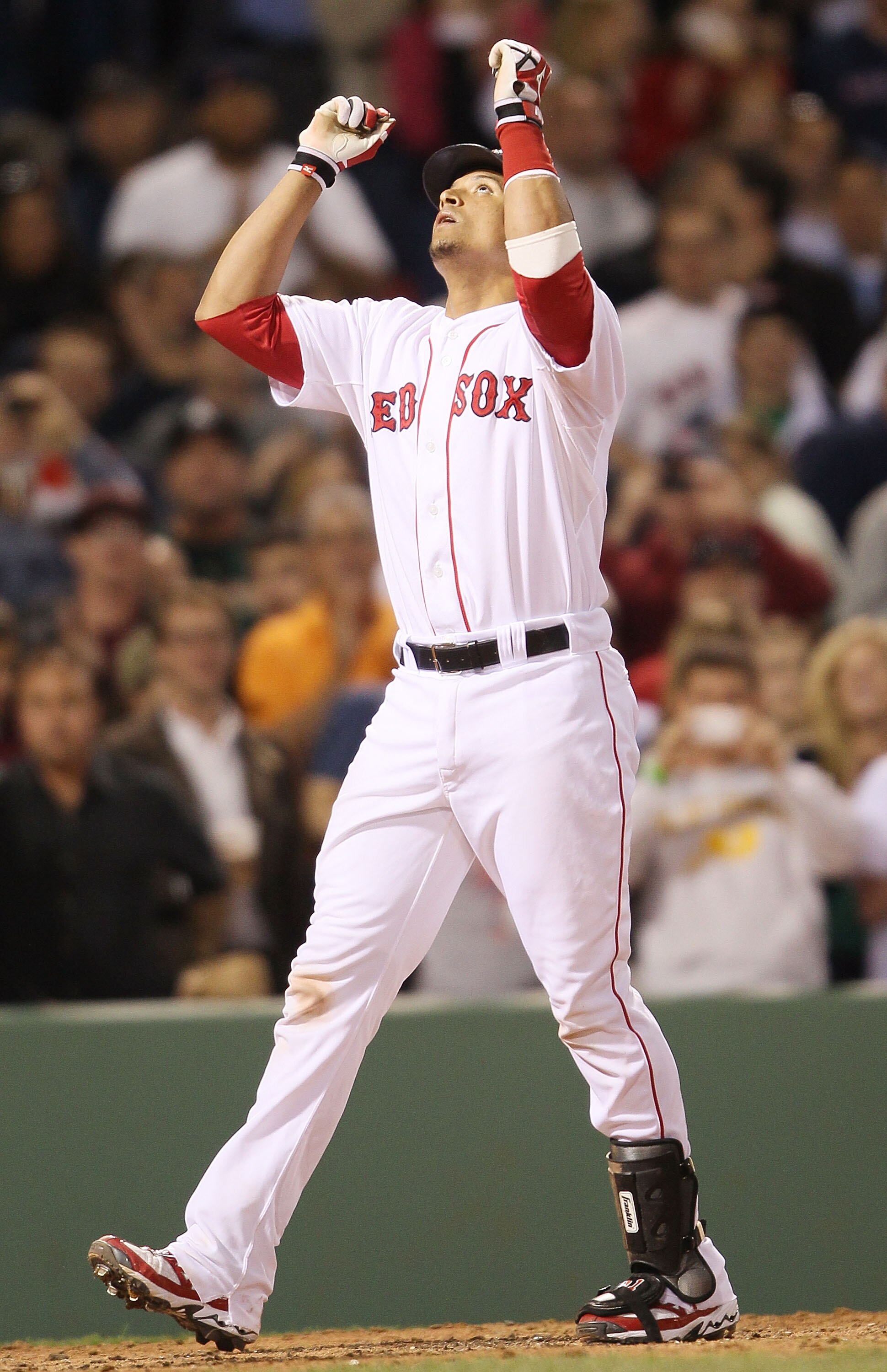 BOSTON - MAY 06:  Victor Martinez #41 of the Boston Red Sox celebrates his two run homer in the third inning against the Los Angeles Angels of Anaheim on May 6, 2010 at Fenway Park in Boston, Massachusetts.  (Photo by Elsa/Getty Images)