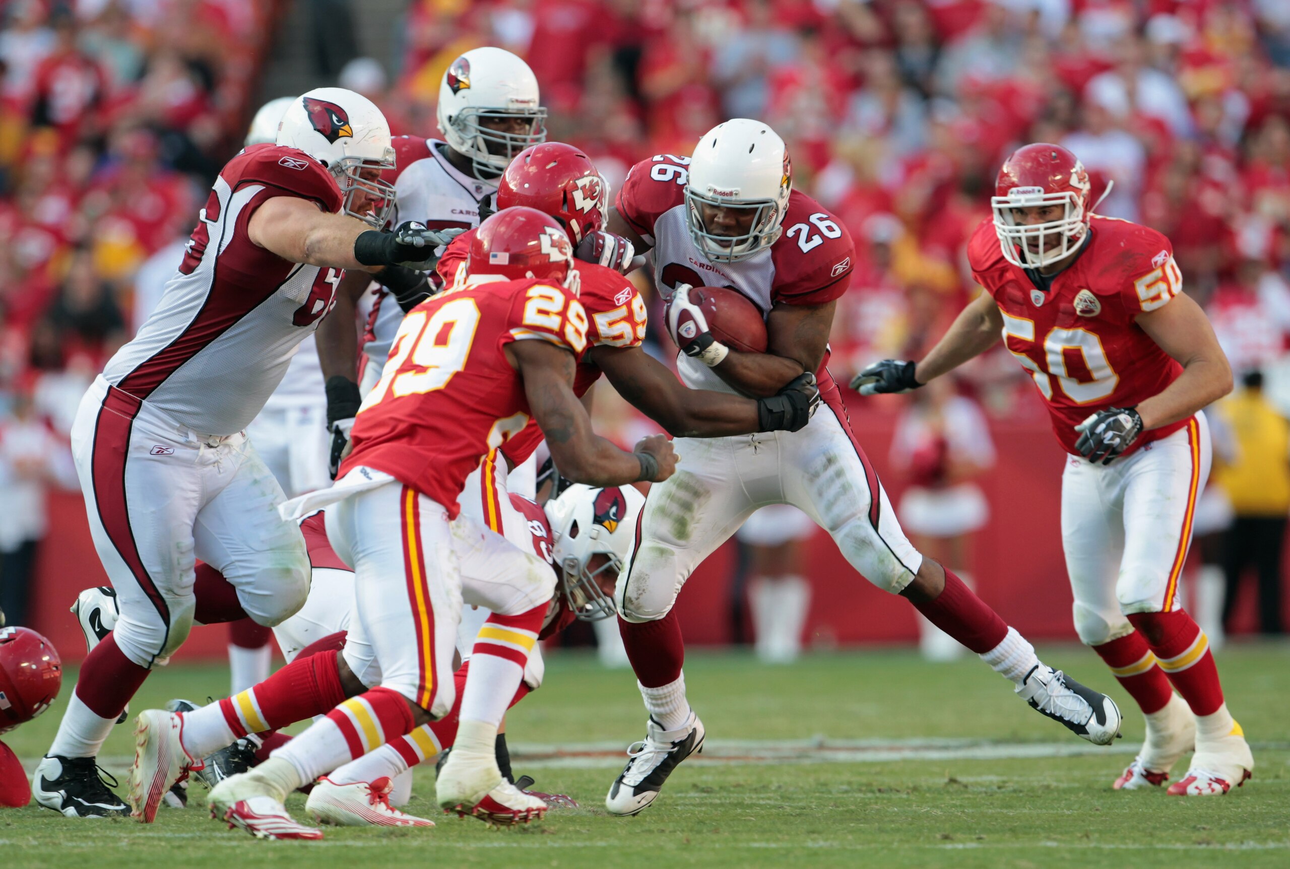 KANSAS CITY, MO - NOVEMBER 21: Beanie Wells #26 of the Arizona Cardinals carries the ball during the game against the Kansas City Chiefs on November 21, 2010 at Arrowhead Stadium in Kansas City, Missouri. (Photo by Jamie Squire/Getty Images) KANSAS CITY, MO - NOVEMBER 21: Beanie Wells #26 of the Arizona Cardinals carries the ball during the game against the Kansas City Chiefs on November 21, 2010 at Arrowhead Stadium in Kansas City, Missouri. (Photo by Jamie Squire/Getty Images)