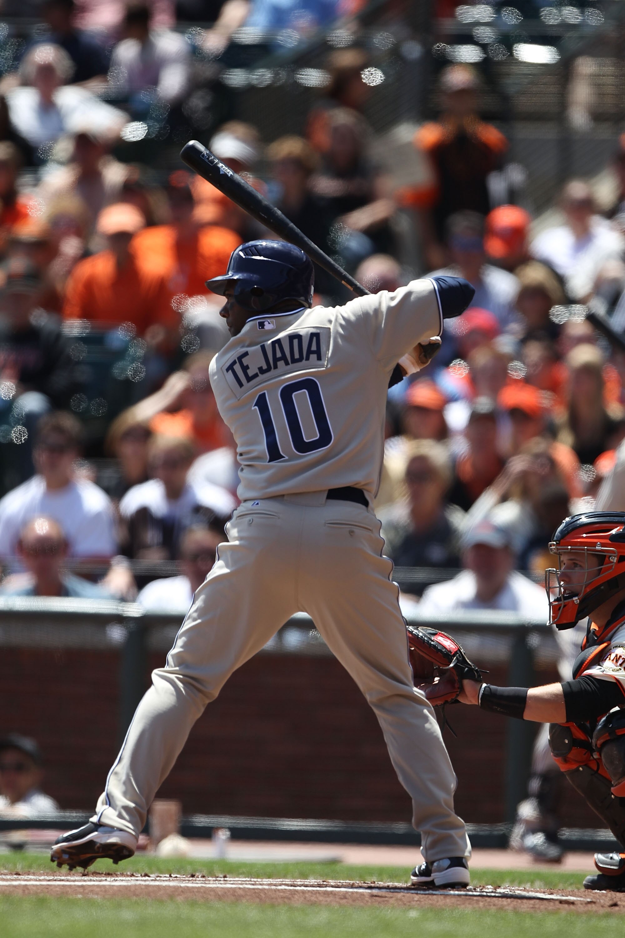 SAN FRANCISCO - AUGUST 15:  Miguel Tejada #10 of the San Diego Padres bats against the San Francisco Giants during an MLB game at AT&T Park on August 15, 2010 in San Francisco, California.  (Photo by Jed Jacobsohn/Getty Images)