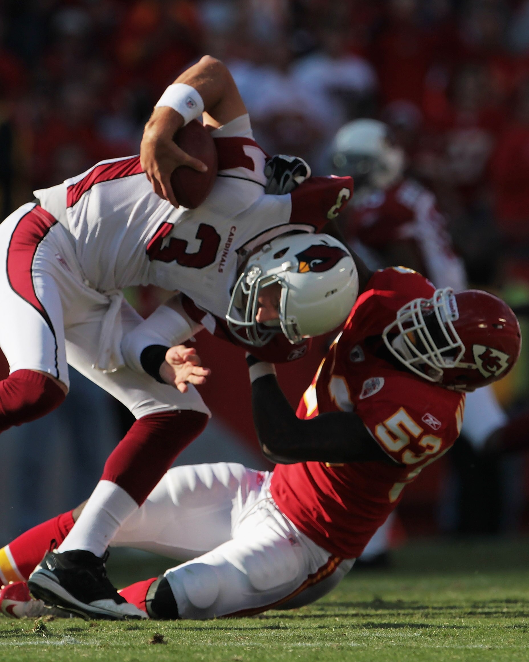 KANSAS CITY, MO - NOVEMBER 21:  Quarterback Derek Anderson #3 of the Arizona Cardinals is sacked by Demorrio Williams #53 of the Kansas City Chiefs during the game on November 21, 2010 at Arrowhead Stadium in Kansas City, Missouri.  (Photo by Jamie Squire