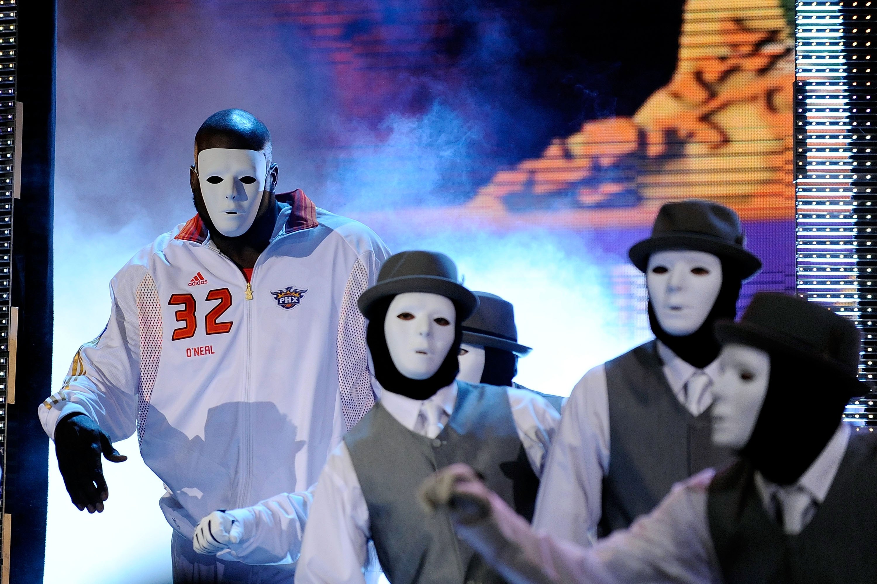 PHOENIX - FEBRUARY 15:  Shaquille O'Neal #32 of the Western Conference dances with the Jabbawockeez as he is introduced before the start of the 58th NBA All-Star Game, part of 2009 NBA All-Star Weekend at US Airways Center on February 15, 2009 in Phoenix,