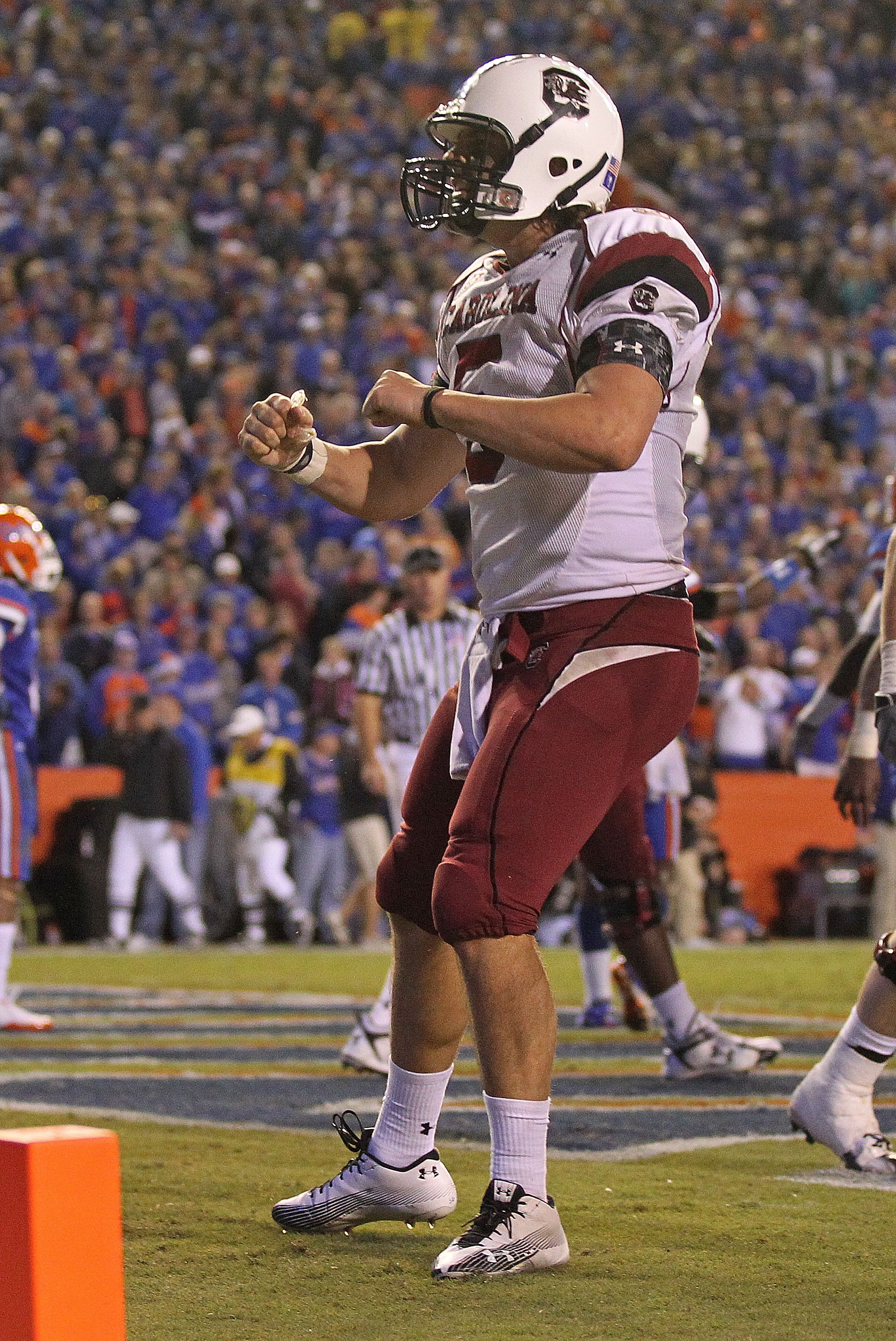GAINESVILLE, FL - NOVEMBER 13:  Stephen Garcia #5 of the South Carolina Gamecocks celebrates after rushing for a touchdown during a game against the Florida Gators at Ben Hill Griffin Stadium on November 13, 2010 in Gainesville, Florida. The Gamecocks bea