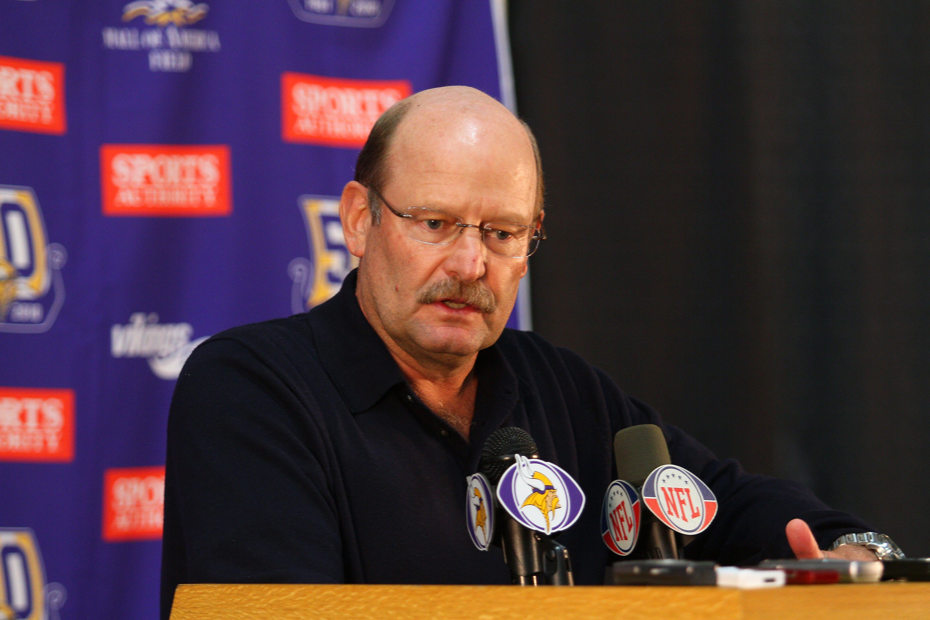 EDEN PRAIRIE, MN - OCTOBER 6: Minnesota Vikings head coach Brad Childress answers questions from the media during a press conference at Winter Park on October 6, 2010 in Eden Prairie, Minnesota. Childress made it official that the Vikings signed wide rece