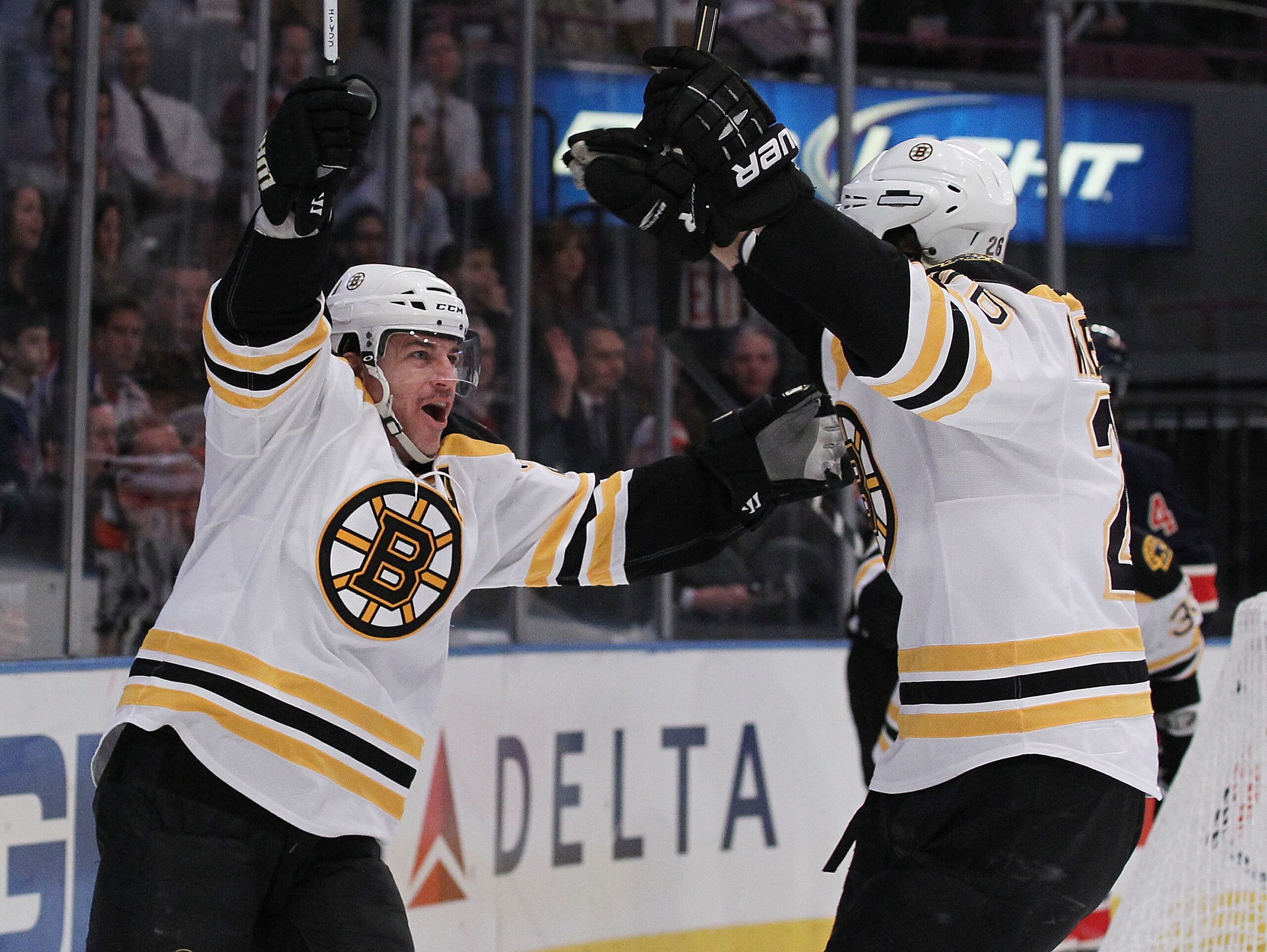 NEW YORK - NOVEMBER 17:  Mark Recchi #28 of the Boston Bruins celebrates a goal against the New York Rangers during their game on November 17, 2010 at Madison Square Garden in New York City.  (Photo by Al Bello/Getty Images)