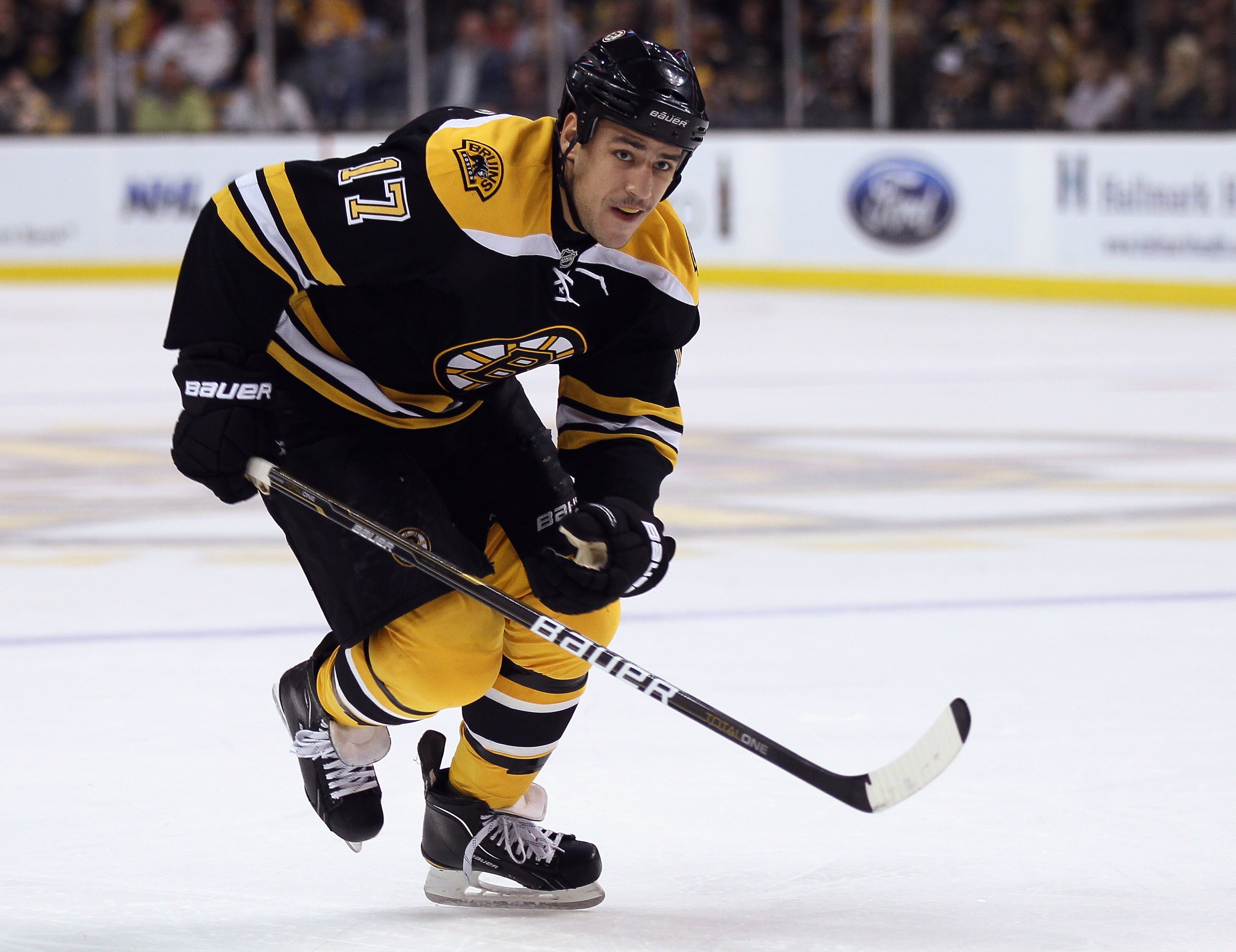 BOSTON - NOVEMBER 15:  Milan Lucic #17 of the Boston Bruins skates against the New Jersey Devils on November 15, 2010 at the TD Garden in Boston, Massachusetts.  (Photo by Elsa/Getty Images)