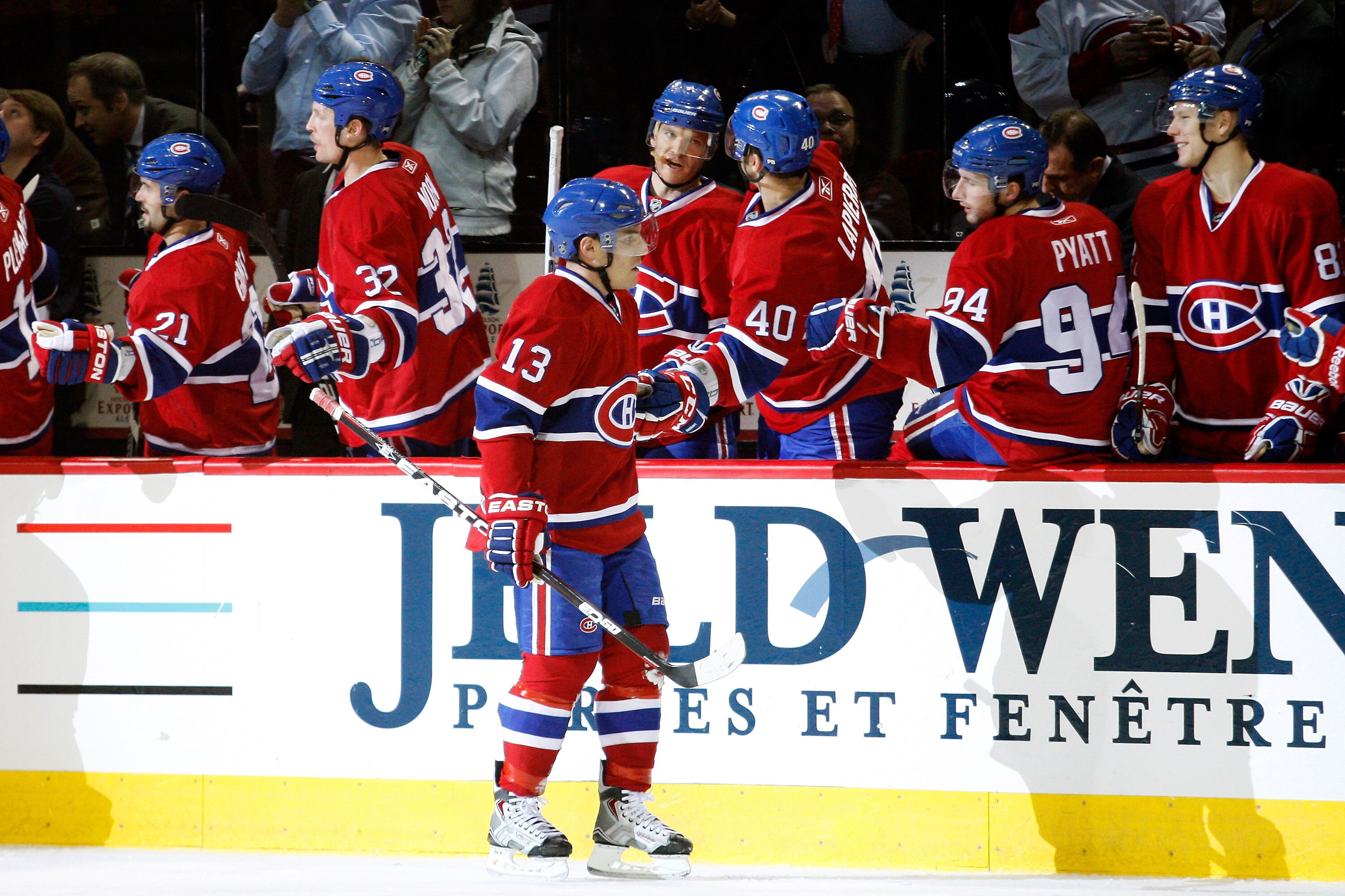 MONTREAL - NOVEMBER 20:  Mike Cammalleri #13 of the Montreal Canadiens celebrates his third-period goal with teammates during the NHL game against the Toronto Maple Leafs at the Bell Centre on November 20, 2010 in Montreal, Quebec, Canada.  The Canadiens