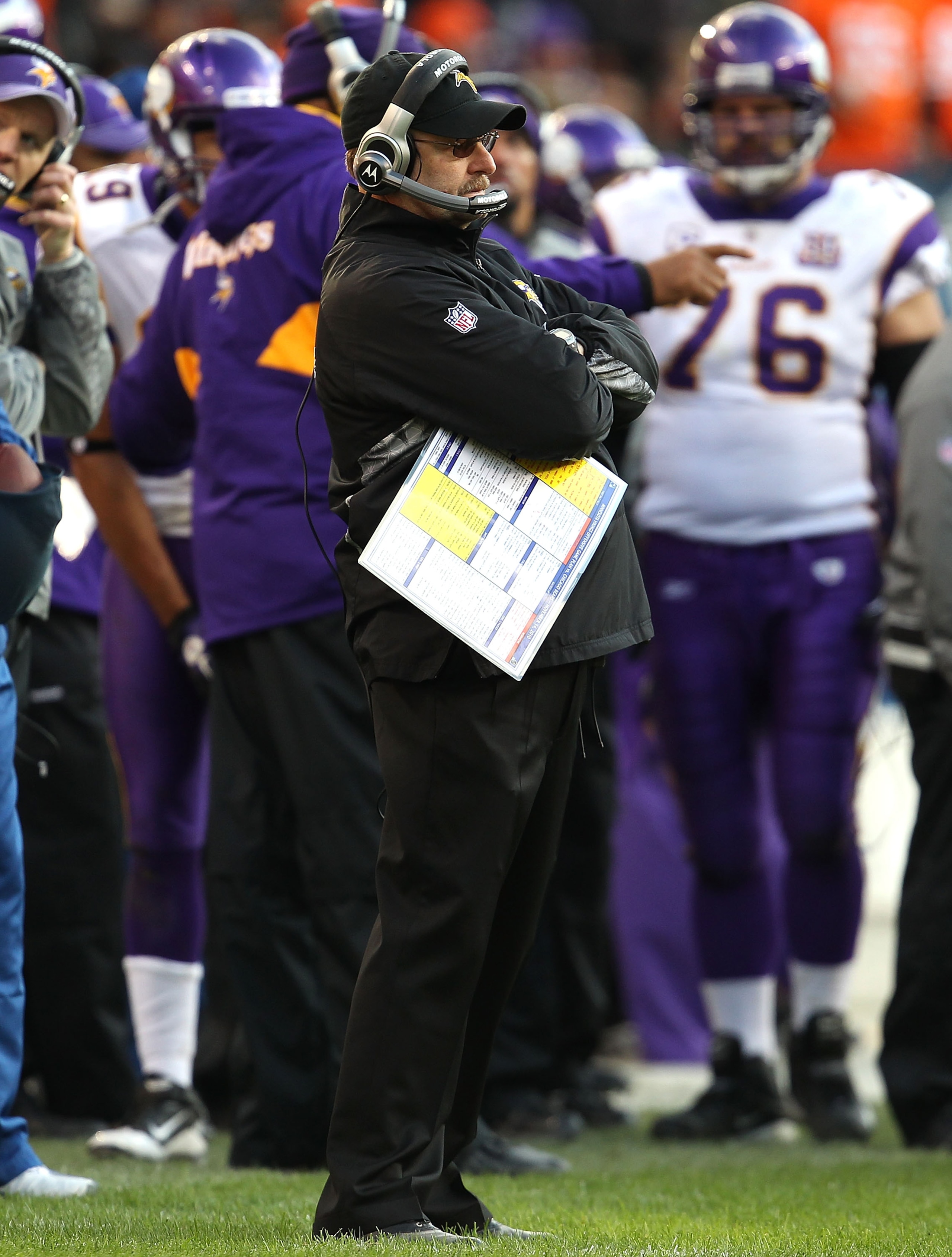 CHICAGO - NOVEMBER 14: Head coach Brad Childress of the Minnesota Vikings watches as his team takes on the Chicago Bears at Soldier Field on November 14, 2010 in Chicago, Illinois. The Bears defeated the Vikings 27-13. (Photo by Jonathan Daniel/Getty Imag CHICAGO - NOVEMBER 14: Head coach Brad Childress of the Minnesota Vikings watches as his team takes on the Chicago Bears at Soldier Field on November 14, 2010 in Chicago, Illinois. The Bears defeated the Vikings 27-13. (Photo by Jonathan Daniel/Getty Imag