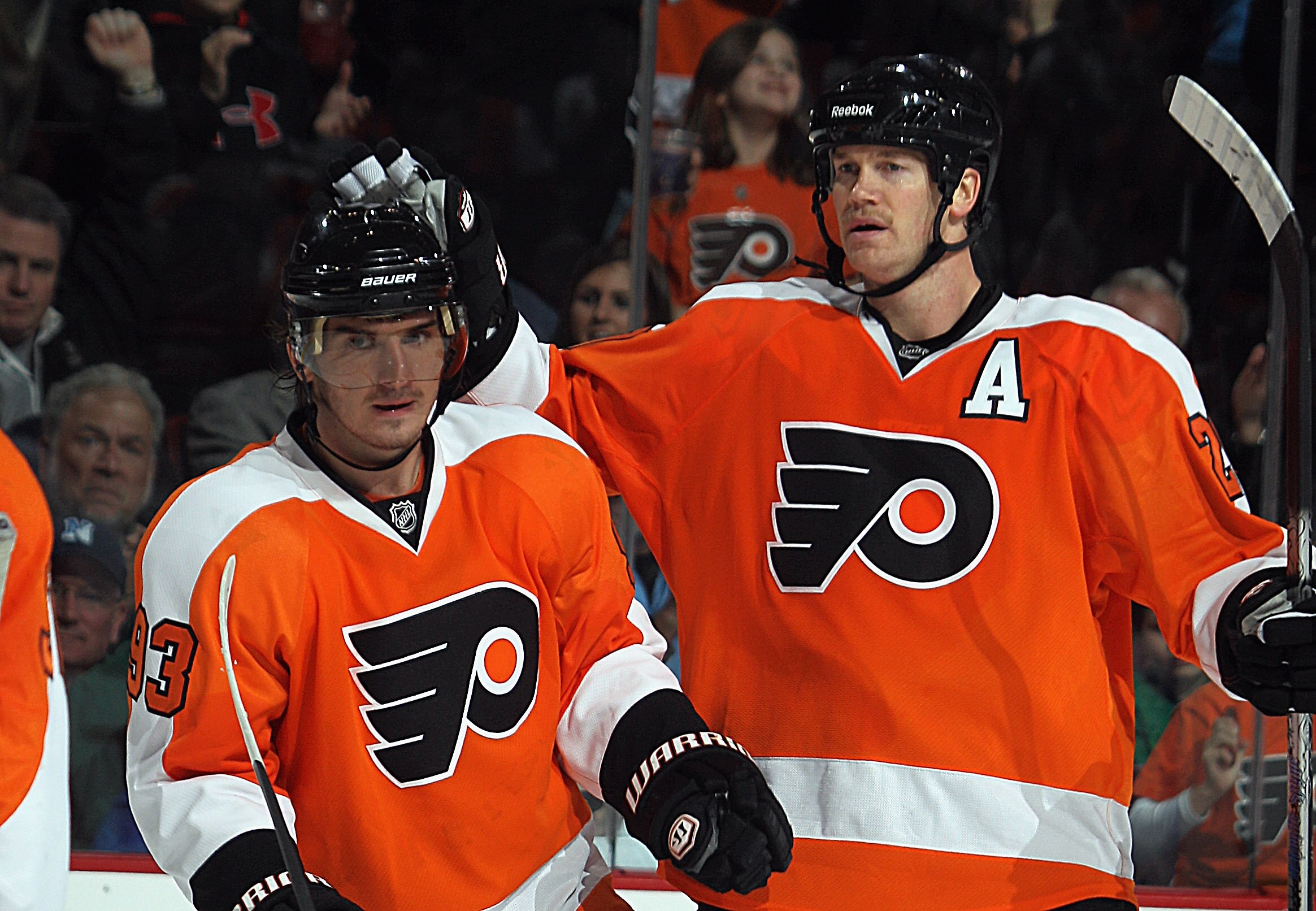 PHILADELPHIA - NOVEMBER 18: Nikolay Zherdev #93 and Chris Pronger #20 of the Philadelphia Flyers celebrate a goal against the Tampa Bay Lightning at the Wells Fargo Center on November 18, 2010 in Philadelphia, Pennsylvania. The Lightning defeated the Flye
