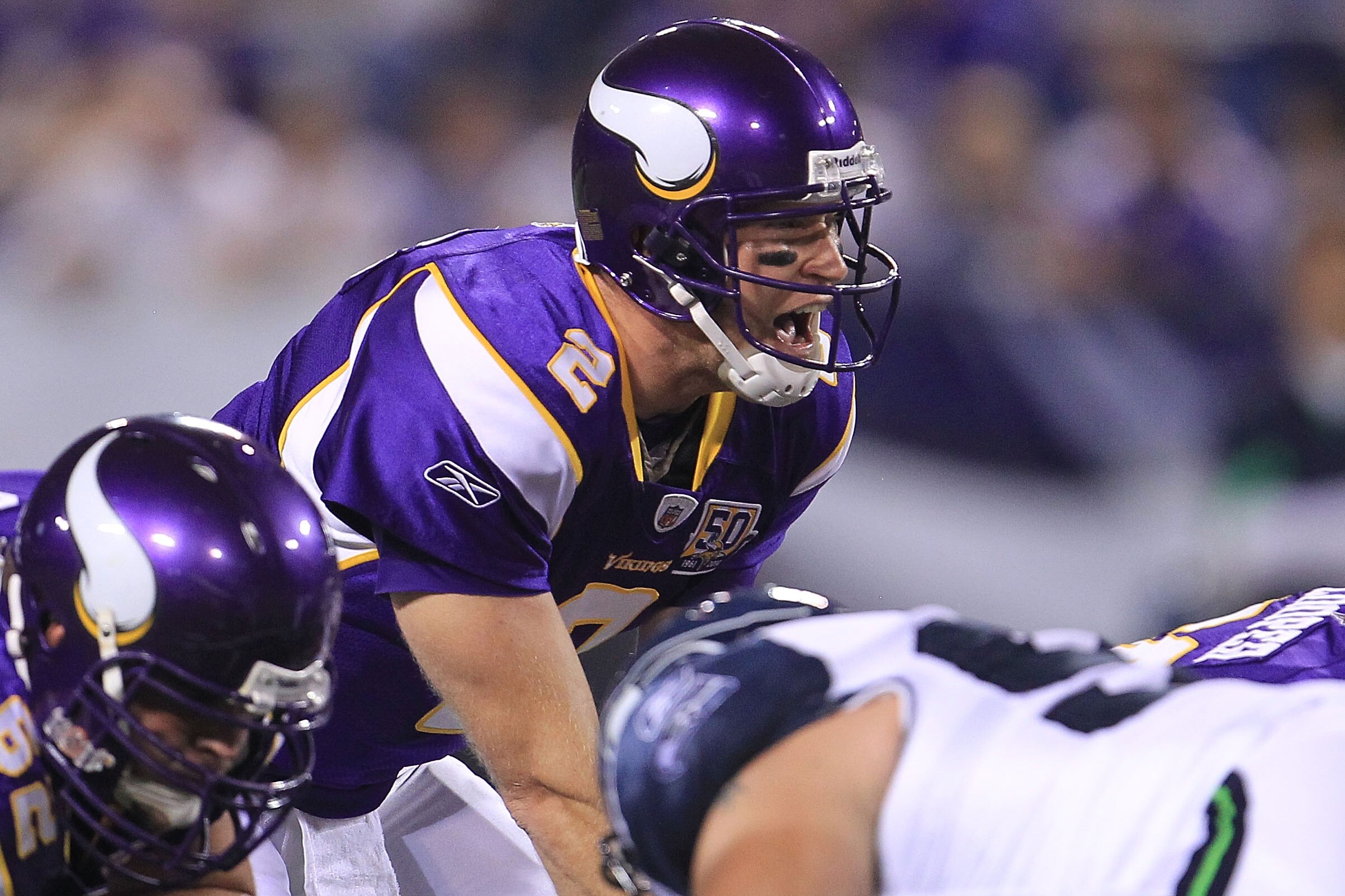 MINNEAPOLIS - AUGUST 28: Sage Rosenfels #2 of the Minnesota Vikings gives instructions against the Seattle Seahawks during a preseason NFL game at Mall of America Field at the Hubert H. Humphrey Metrodome on August 28, 2010  in Minneapolis, Minnesota.  (P