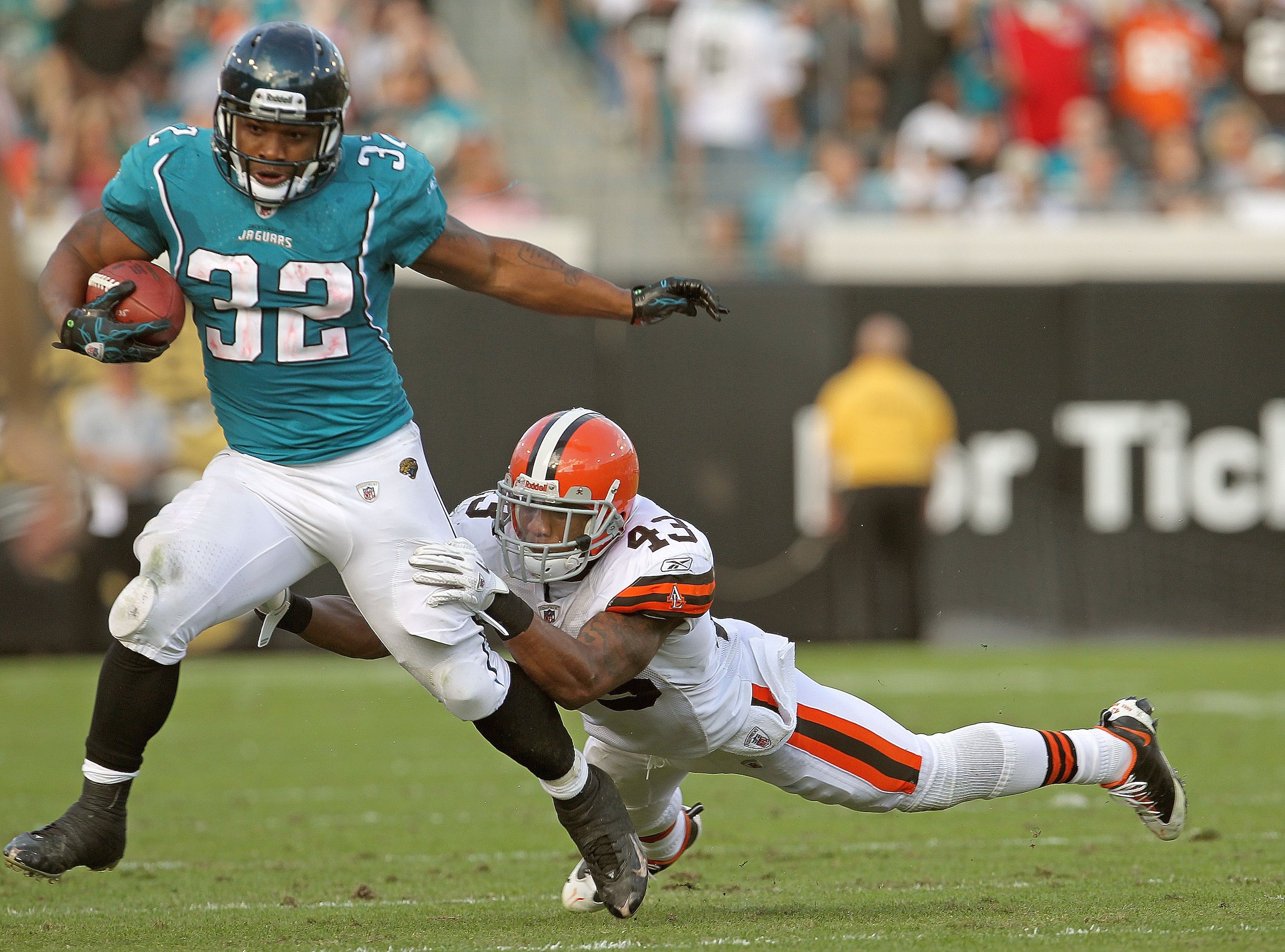 JACKSONVILLE, FL - NOVEMBER 21: Maurice Jones-Drew #32 of the Jacksonville Jaguars is chased down by T.J. Ward #43 during a game agaisnt the Cleveland Browns at EverBank Field on November 21, 2010 in Jacksonville, Florida. (Photo by Mike Ehrmann/Getty I JACKSONVILLE, FL - NOVEMBER 21: Maurice Jones-Drew #32 of the Jacksonville Jaguars is chased down by T.J. Ward #43 during a game agaisnt the Cleveland Browns at EverBank Field on November 21, 2010 in Jacksonville, Florida. (Photo by Mike Ehrmann/Getty I