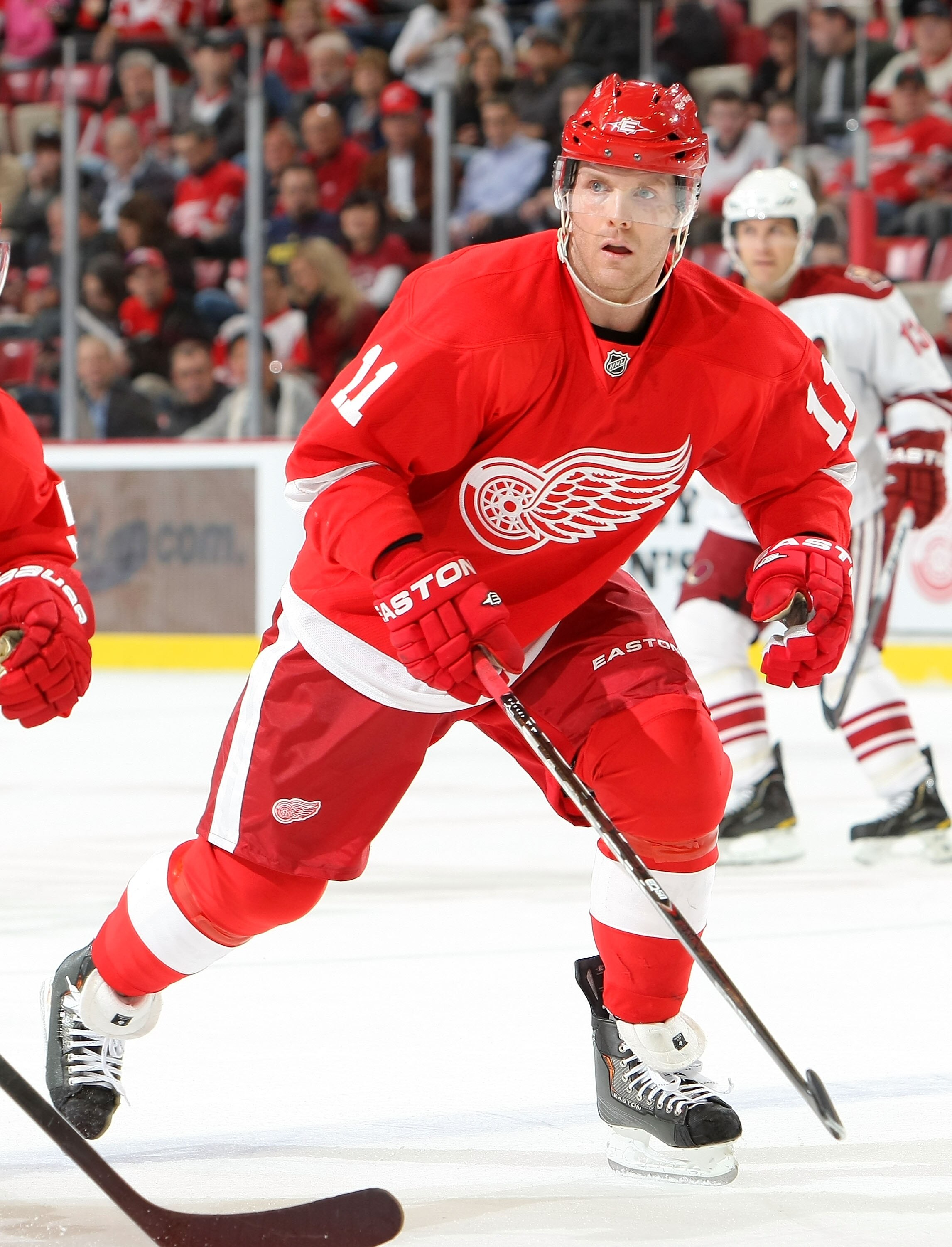 DETROIT - OCTOBER 28:  Dan Cleary #11 of the Detroit Red Wings skates against the Phoenix Coyotes during their NHL game at Joe Louis Arena on October 28, 2010 in Detroit, Michigan.(Photo By Dave Sandford/Getty Images)