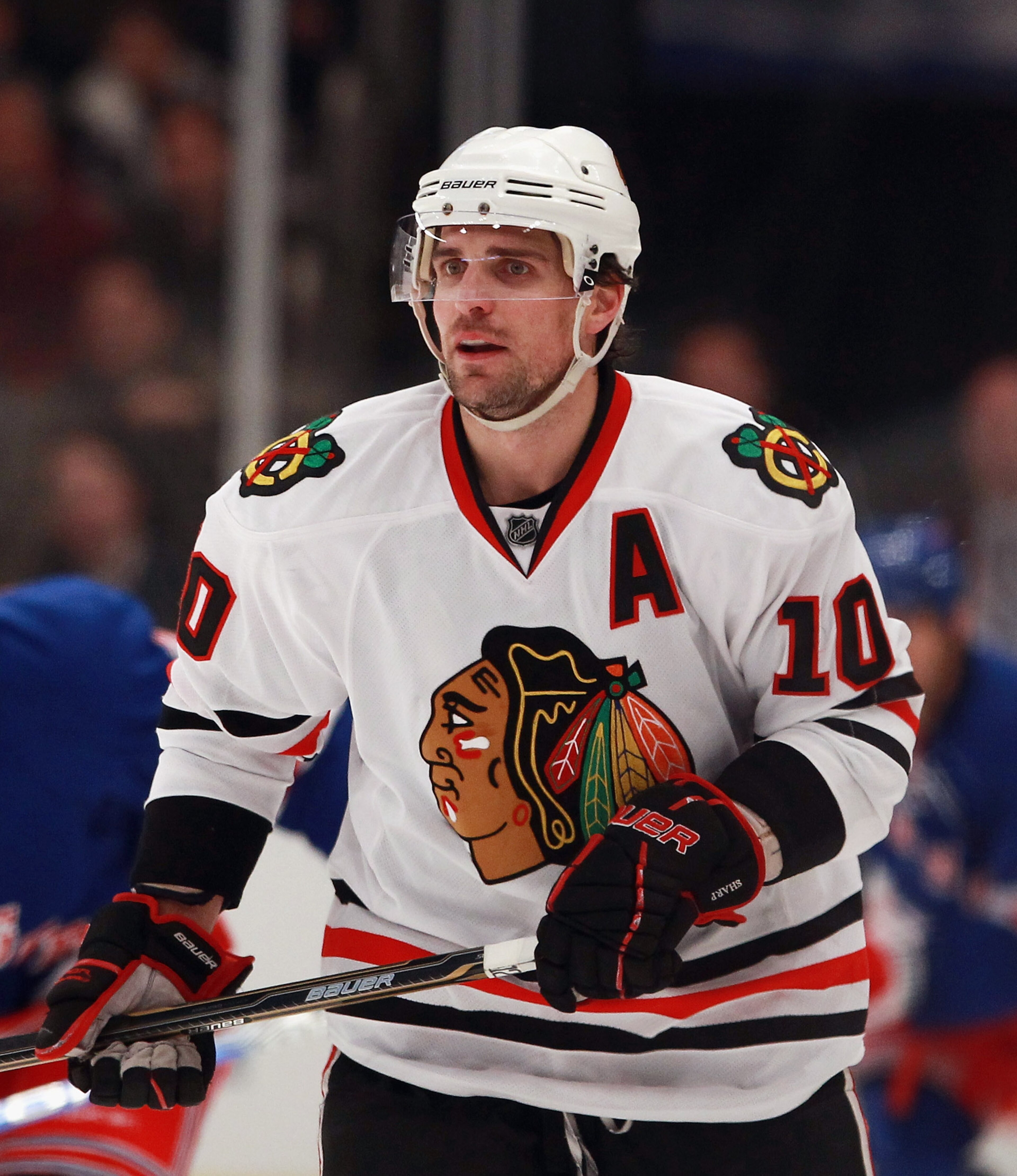 NEW YORK - NOVEMBER 01: Patrick Sharp #10 of the Chicago Blackhawks skates against the New York Rangers at Madison Square Garden on November 1, 2010 in New York City. The Rangers defeated the Blackhawks 3-2. (Photo by Bruce Bennett/Getty Images) NEW YORK - NOVEMBER 01: Patrick Sharp #10 of the Chicago Blackhawks skates against the New York Rangers at Madison Square Garden on November 1, 2010 in New York City. The Rangers defeated the Blackhawks 3-2. (Photo by Bruce Bennett/Getty Images)