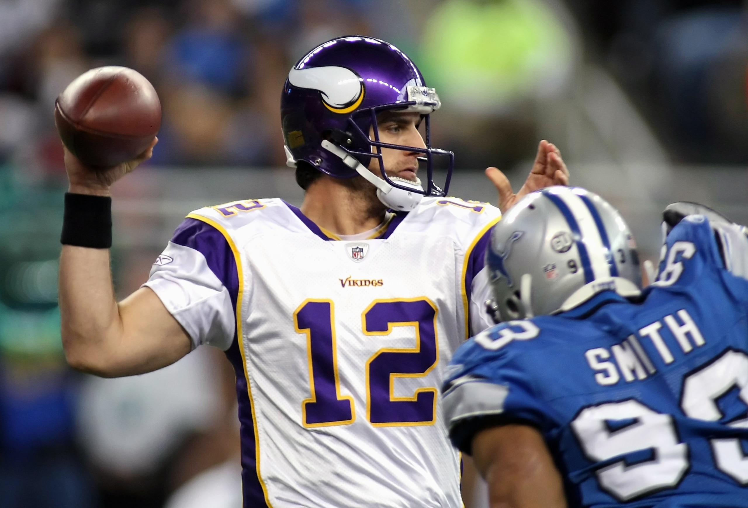 DETROIT - DECEMBER 07: Quarterback Gus Frerotte #12 of the Minnesota Vikings drops back to pass under pressure from Corey Smith #93 of the Detroit Lions during the NFL game at Ford Field on December 7, 2008 in Detroit, Michigan. (Photo by Christian Pete DETROIT - DECEMBER 07: Quarterback Gus Frerotte #12 of the Minnesota Vikings drops back to pass under pressure from Corey Smith #93 of the Detroit Lions during the NFL game at Ford Field on December 7, 2008 in Detroit, Michigan. (Photo by Christian Pete