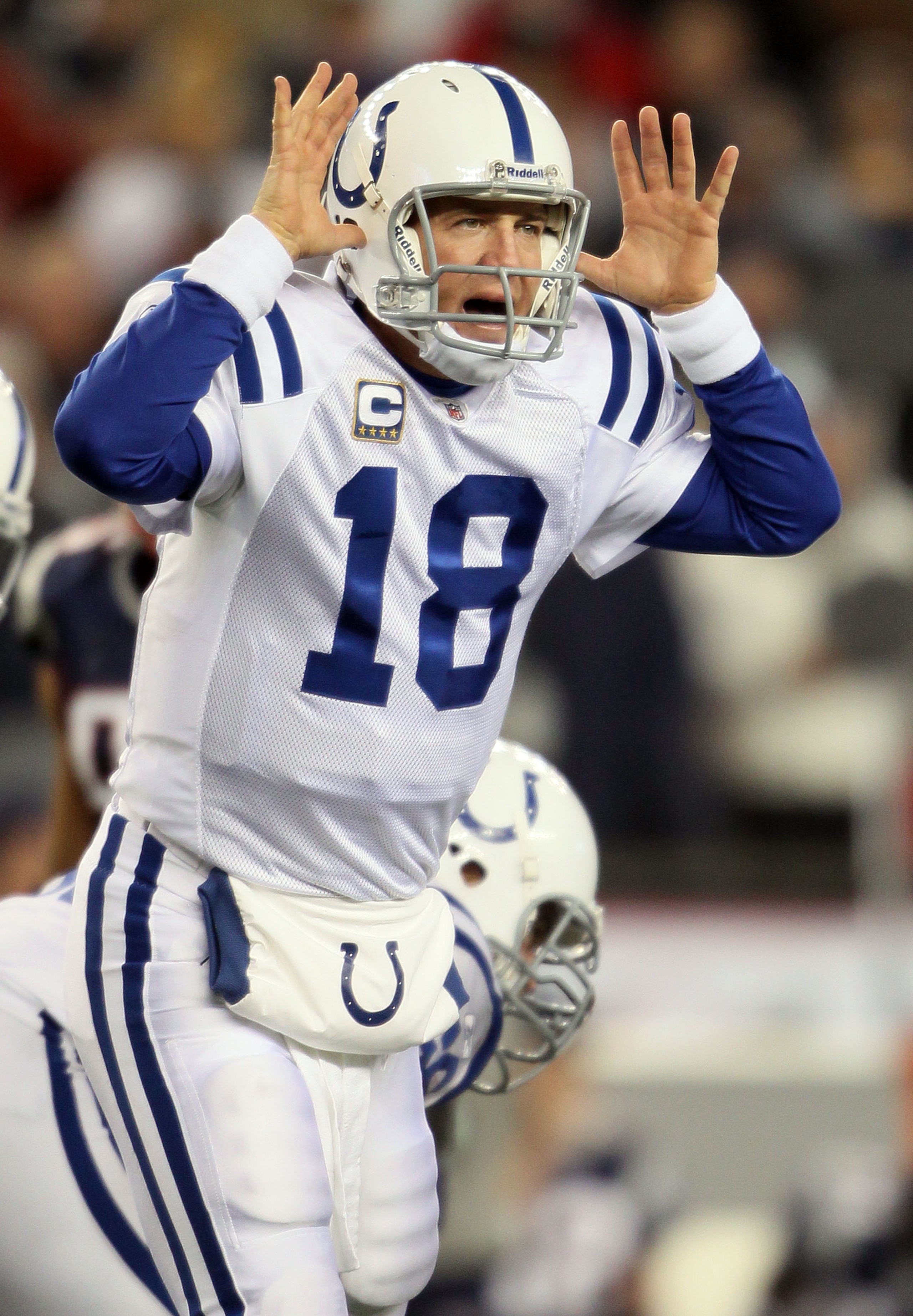 FOXBORO, MA - NOVEMBER 21: Peyton Manning #18 of the Indianapolis Colts calls out the play in the third quarter against the New England Patriots on November 21, 2010 at Gillette Stadium in Foxboro, Massachusetts. The Patriots defeated the Colts 31-28. (P FOXBORO, MA - NOVEMBER 21: Peyton Manning #18 of the Indianapolis Colts calls out the play in the third quarter against the New England Patriots on November 21, 2010 at Gillette Stadium in Foxboro, Massachusetts. The Patriots defeated the Colts 31-28. (P