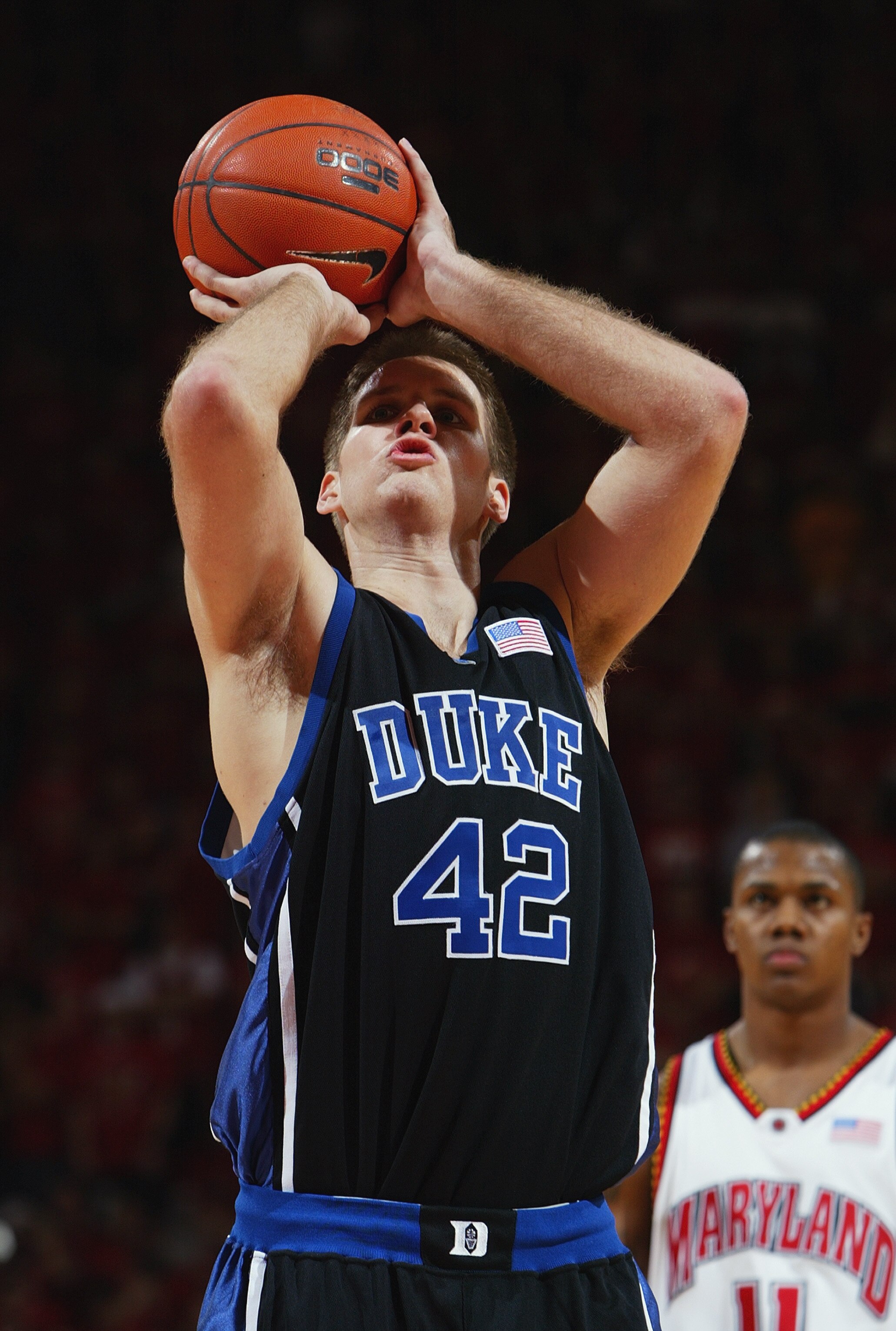 COLLEGE PARK, MD - JANUARY 21:  Shavlik Randolph #42 of the Duke Blue Devils shoots a free throw during the game against the Maryland Terrapins on January 21, 2004 at the Comcast Center in College Park, Maryland. Duke defeated Maryland 68-60. (Photo by Do