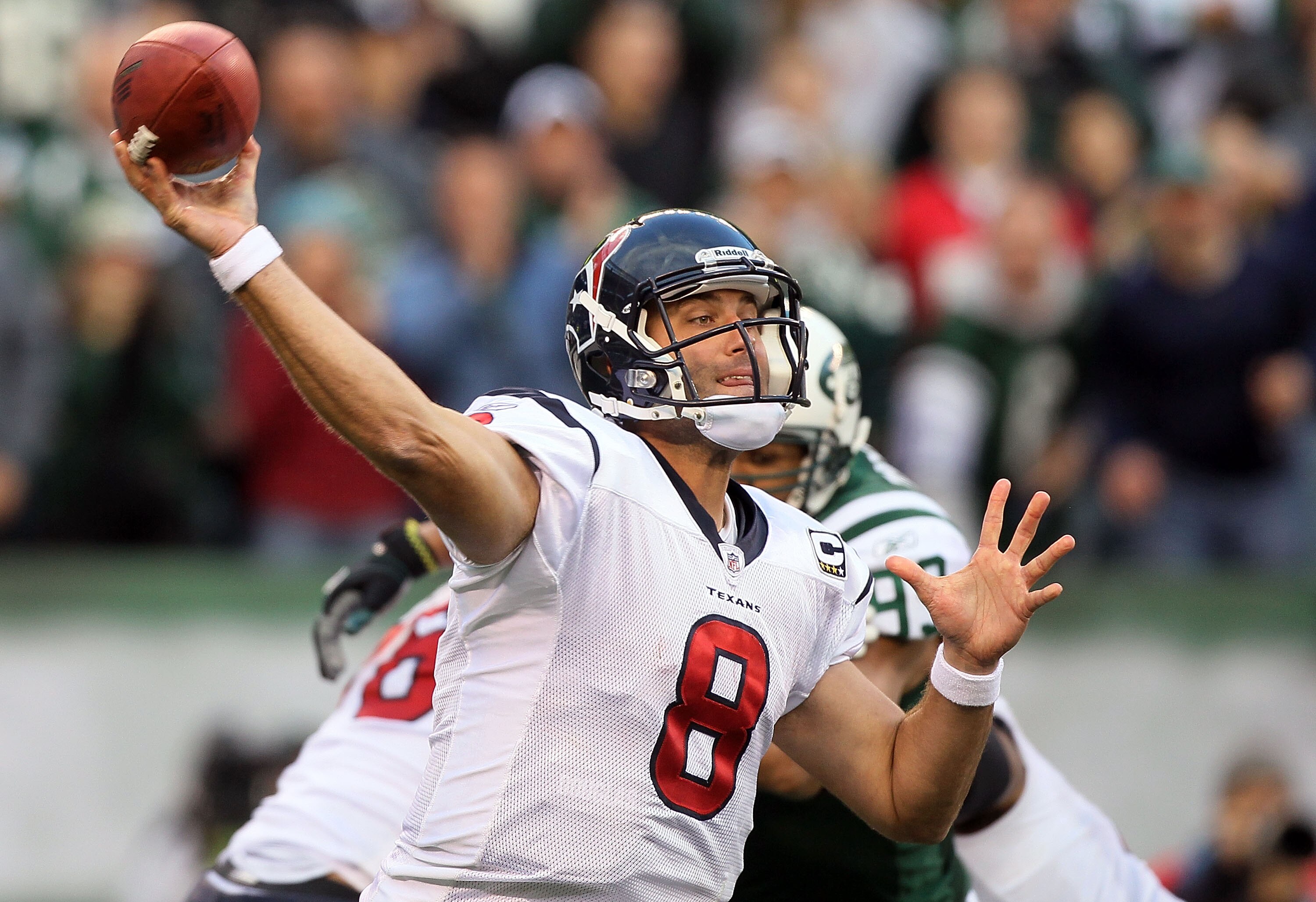 EAST RUTHERFORD, NJ - NOVEMBER 21:  Matt Schaub #8 of the Houston Texans throws a pass against the New York Jets on November 21, 2010 at the New Meadowlands Stadium in East Rutherford, New Jersey.  (Photo by Jim McIsaac/Getty Images)