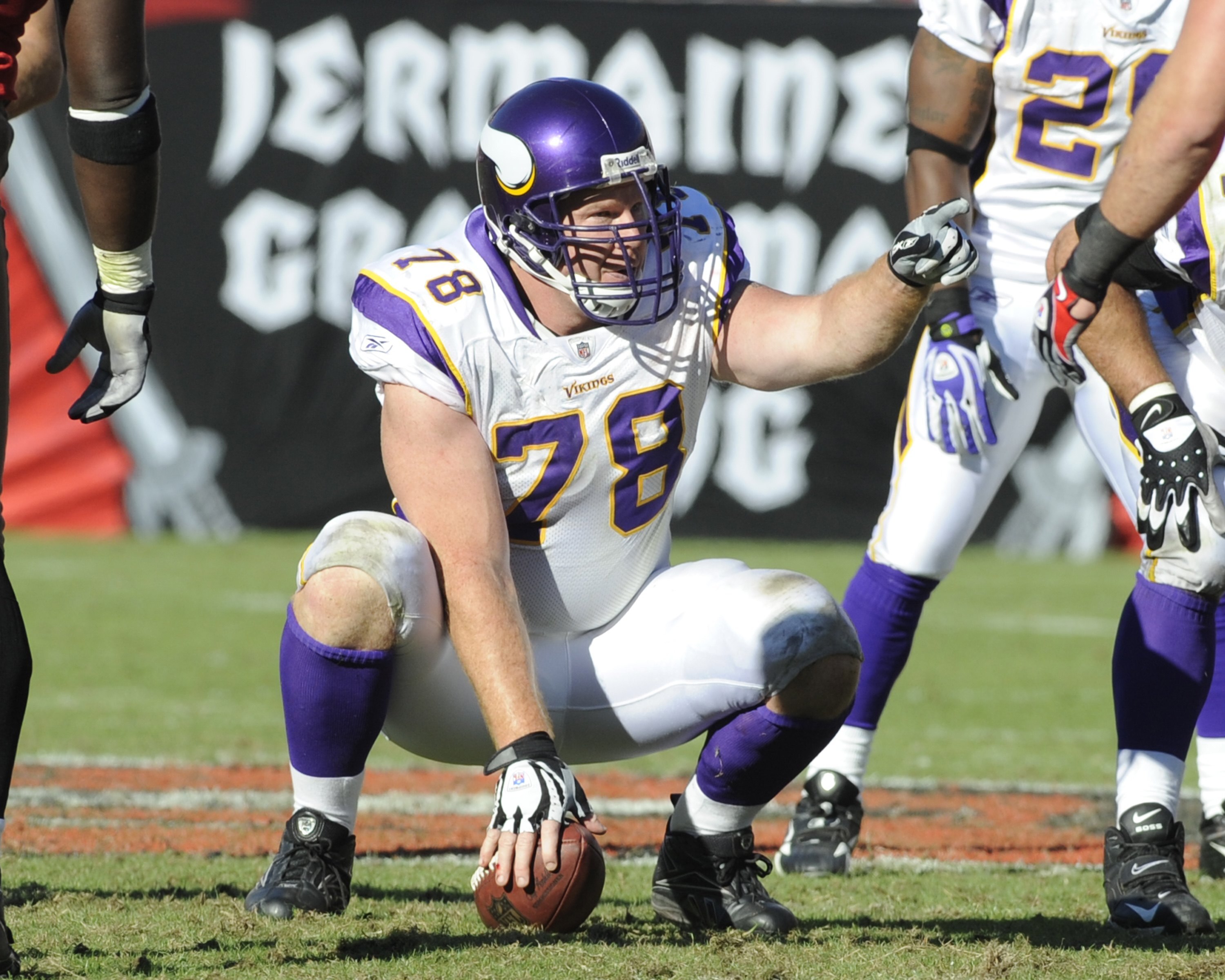 TAMPA, FL - NOVEMBER 16: Center Matt Birk #78 of the Minnesota Vikings sets for play against the Tampa Bay Buccaneers at Raymond James Stadium on November 16, 2008 in Tampa, Florida.  (Photo by Al Messerschmidt/Getty Images)
