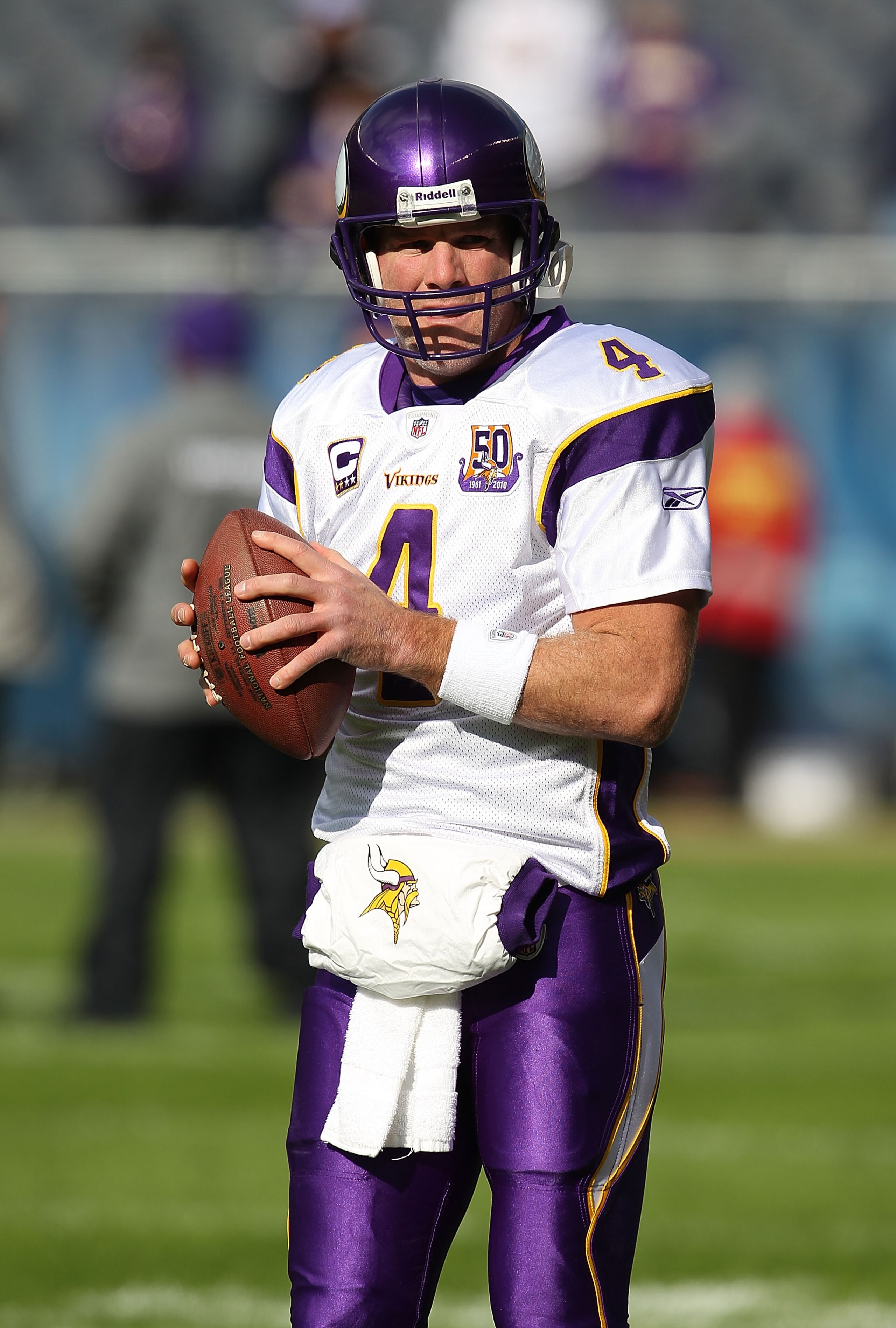 CHICAGO - NOVEMBER 14: Brett Favre #4 of the Minnesota Vikings warms-up before a game against the Chicago Bears at Soldier Field on November 14, 2010 in Chicago, Illinois. The Bears defeated the Vikings 27-13. (Photo by Jonathan Daniel/Getty Images)