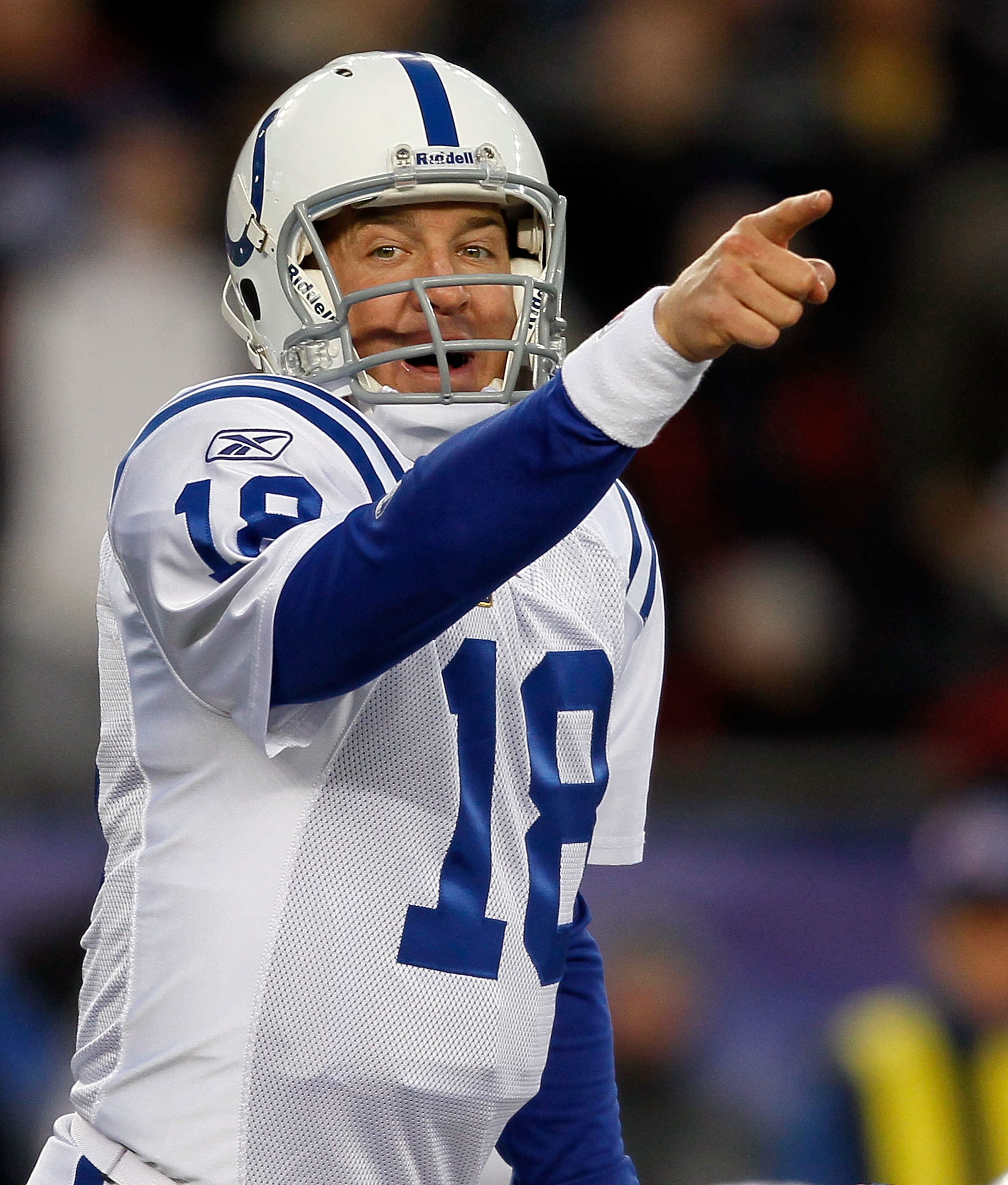 FOXBORO, MA - NOVEMBER 21: Peyton Manning #18 of the Indianapolis Colts gestures against the New England Patriots at Gillette Stadium on November 21, 2010 in Foxboro, Massachusetts. (Photo by Jim Rogash/Getty Images) FOXBORO, MA - NOVEMBER 21: Peyton Manning #18 of the Indianapolis Colts gestures against the New England Patriots at Gillette Stadium on November 21, 2010 in Foxboro, Massachusetts. (Photo by Jim Rogash/Getty Images)
