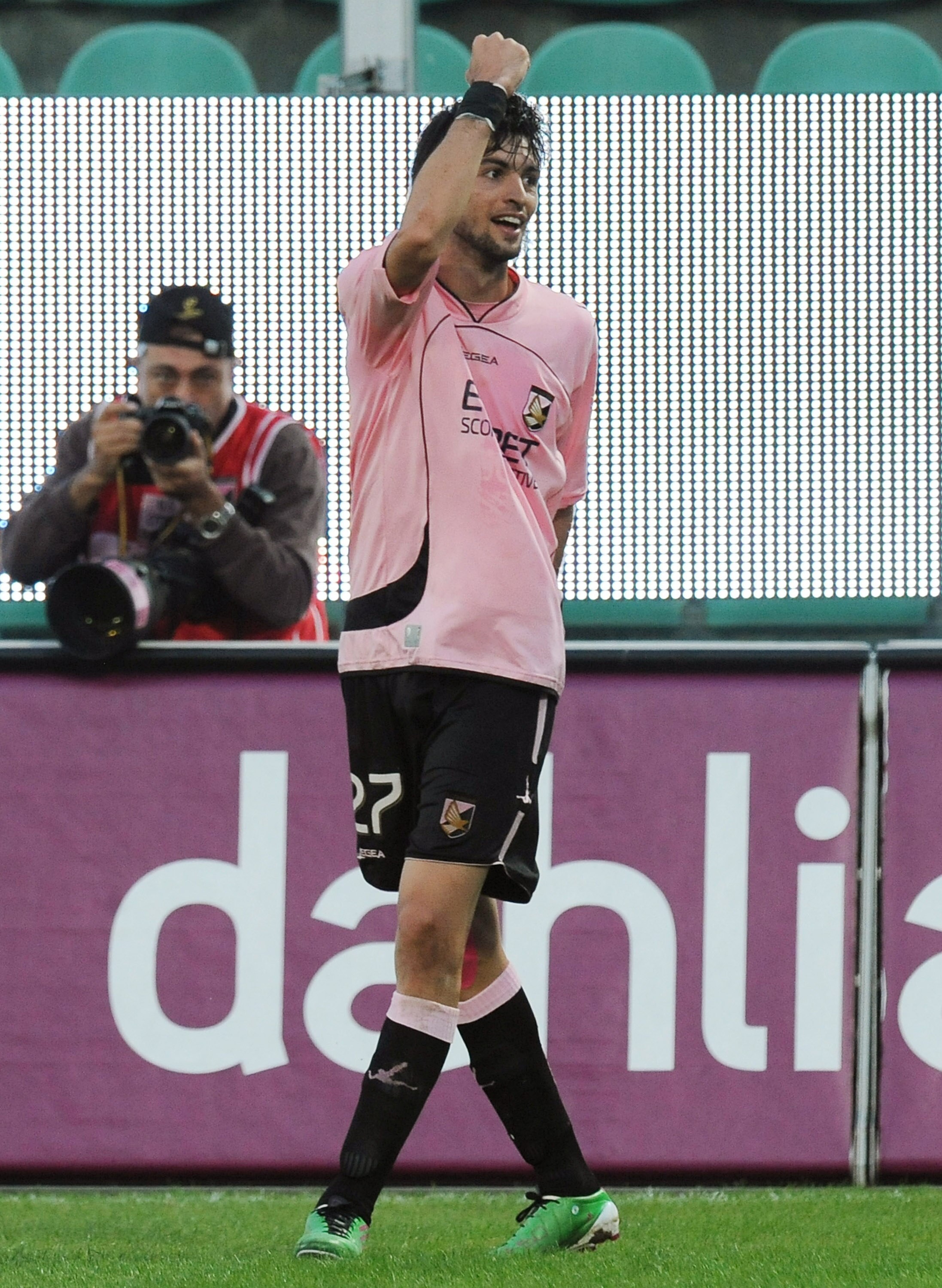 PALERMO, ITALY - NOVEMBER 14: Javier Pastore of Palermo celebrates after scoring the 3-1 goal, his third, during the Serie A match between Palermo and Catania at Stadio Renzo Barbera on November 14, 2010 in Palermo, Italy.  (Photo by Tullio M. Puglia/Gett