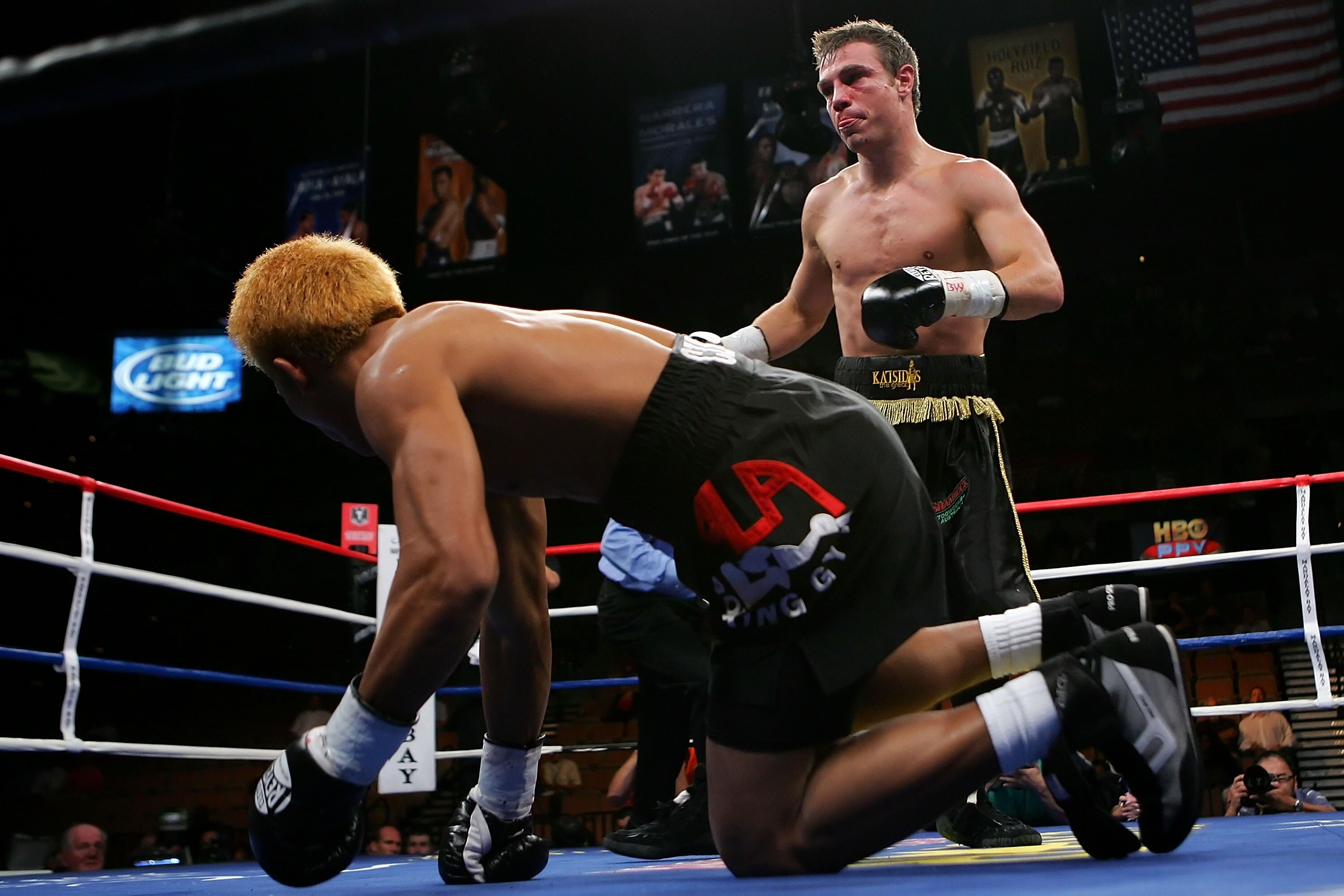 LAS VEGAS - JULY 21:  Michael Katsidis of Australia knocks down Czar Amonsot of the Philippines during their WBO interim lightweight championship fight at the Mandalay Bay Events Center July 21, 2007 in Las Vegas, Nevada.  (Photo by Ethan Miller/Getty Ima