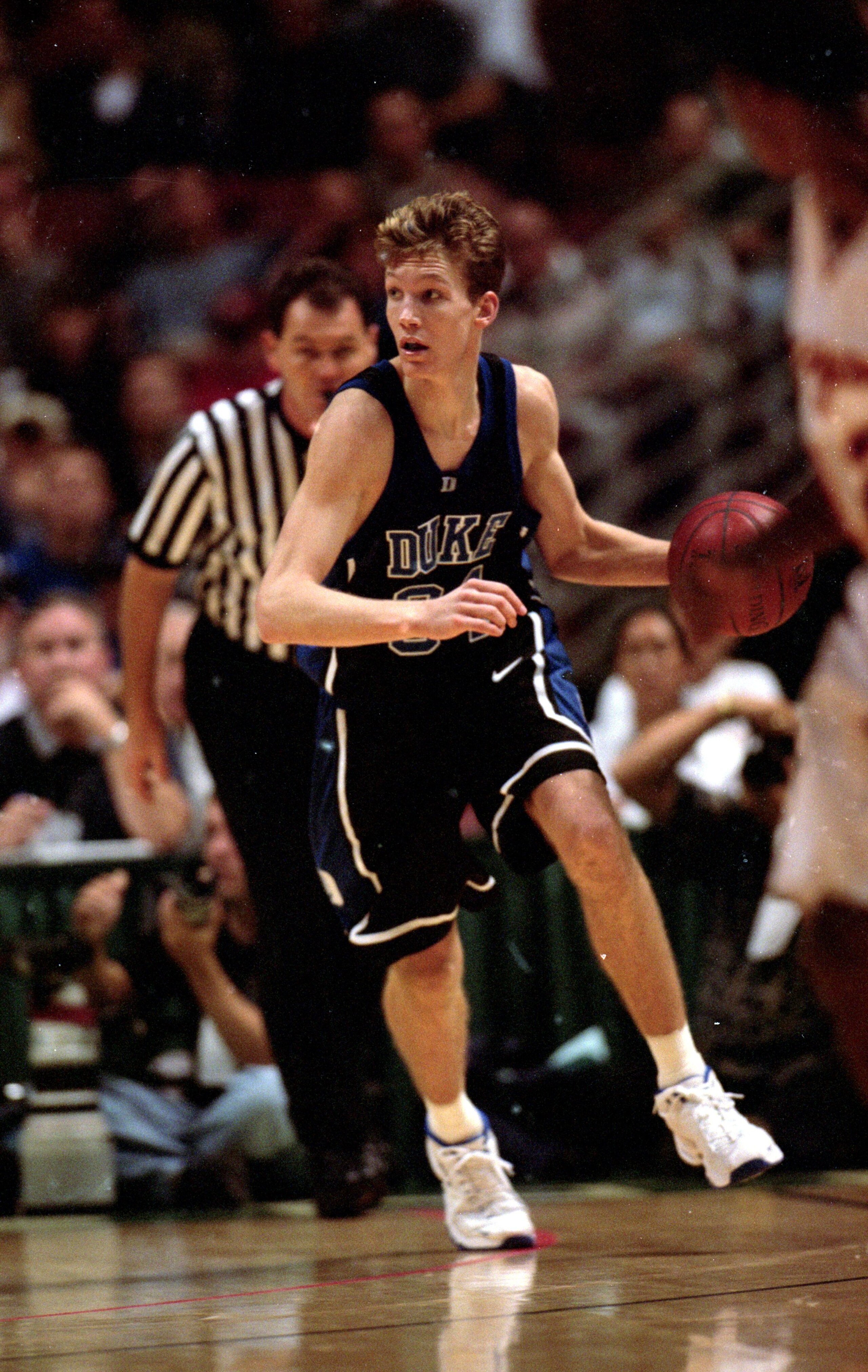 27 Nov 1999:  Mike Dunleavy, Jr. #34 of the Duke Blue Devils dribbles the ball against the USC Trojans during the Wooden Classic at the Arrowhead Pond in Anaheim, California. The Blue Devils defeated the Trojans 81-68. Mandatory Credit: Tom Hauck/Allsport