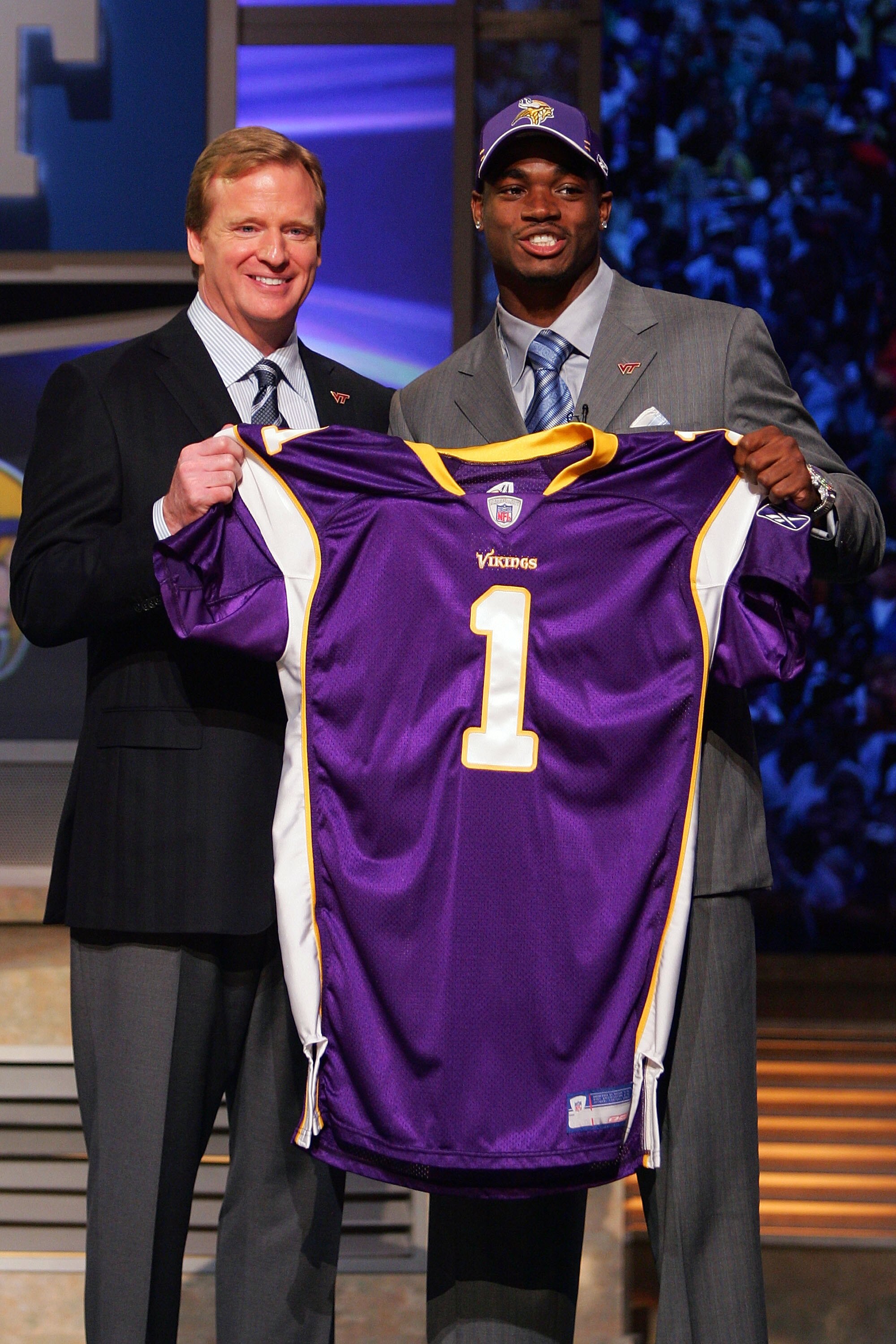 NEW YORK - APRIL 28:  Running back Adrian Peterson of Oklahoma University poses for a photo with NFL Commissioner Roger Goodell after being drafted seventh overall by the Minnesota Vikings during the 2007 NFL Draft on April 28, 2007 at Radio City Music Ha