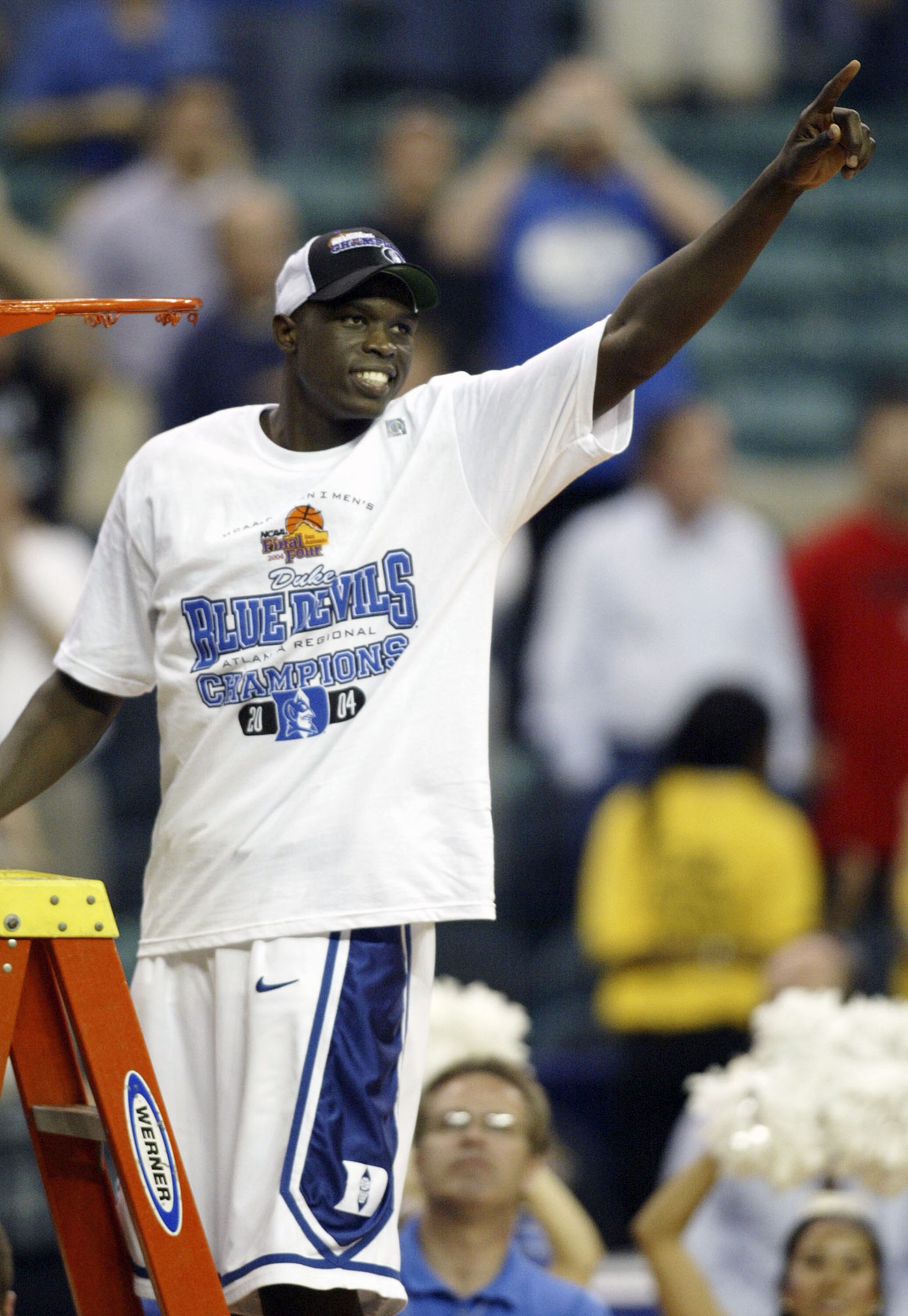 ATLANTA - MARCH 28:  Luol Deng #2 of the Duke Blue Devils celebrates his team's 66-63 victory over the Xavier Musketeers and a trip to the Final four during the fourth round game of the NCAA Division I Men's Basketball Tournament at the Georgia Dome on Ma