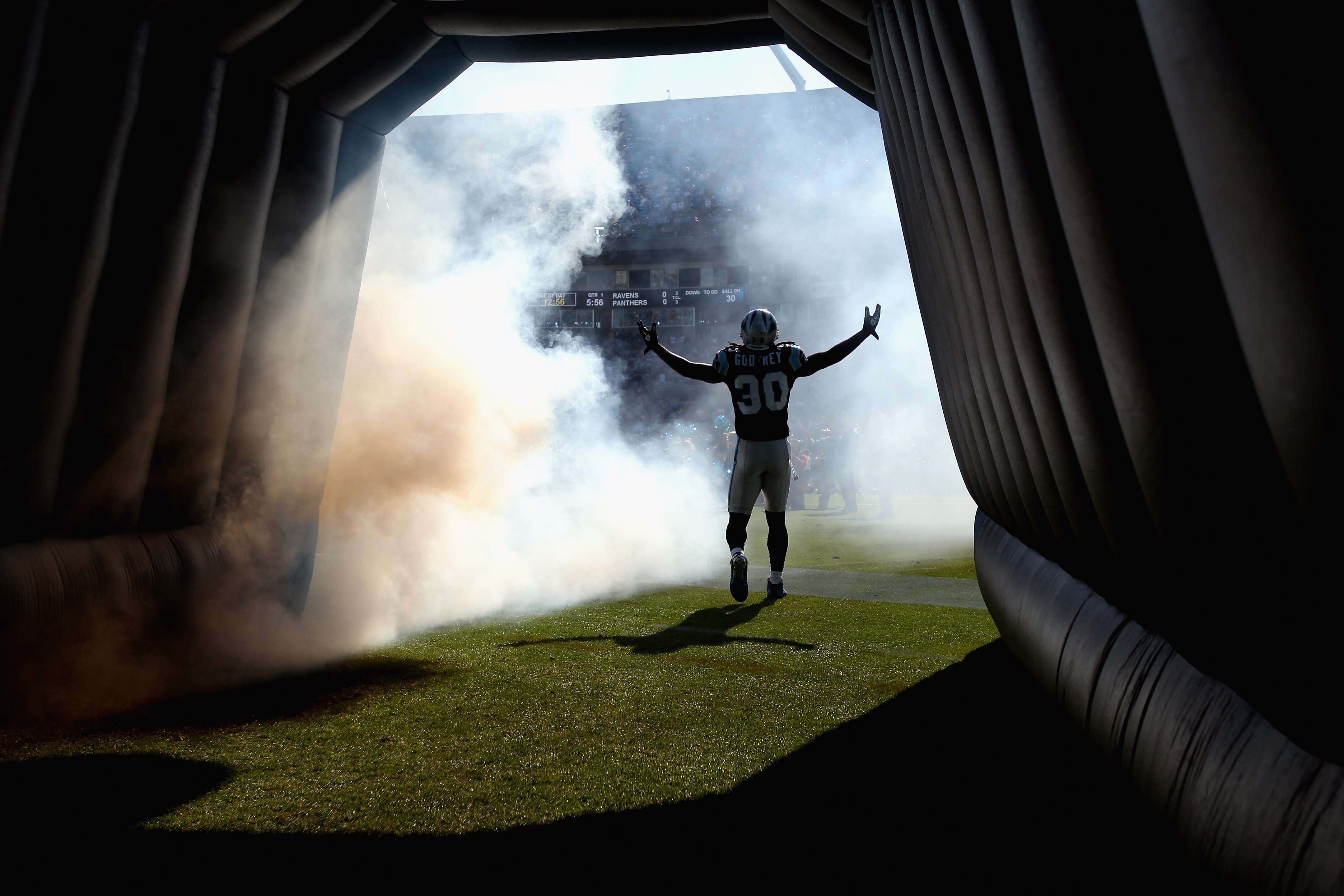 CHARLOTTE, NC - NOVEMBER 21:  Charles Godfrey #30 of the Carolina Panthers is introduced against the Baltimore Ravens at Bank of America Stadium on November 21, 2010 in Charlotte, North Carolina.  (Photo by Streeter Lecka/Getty Images)