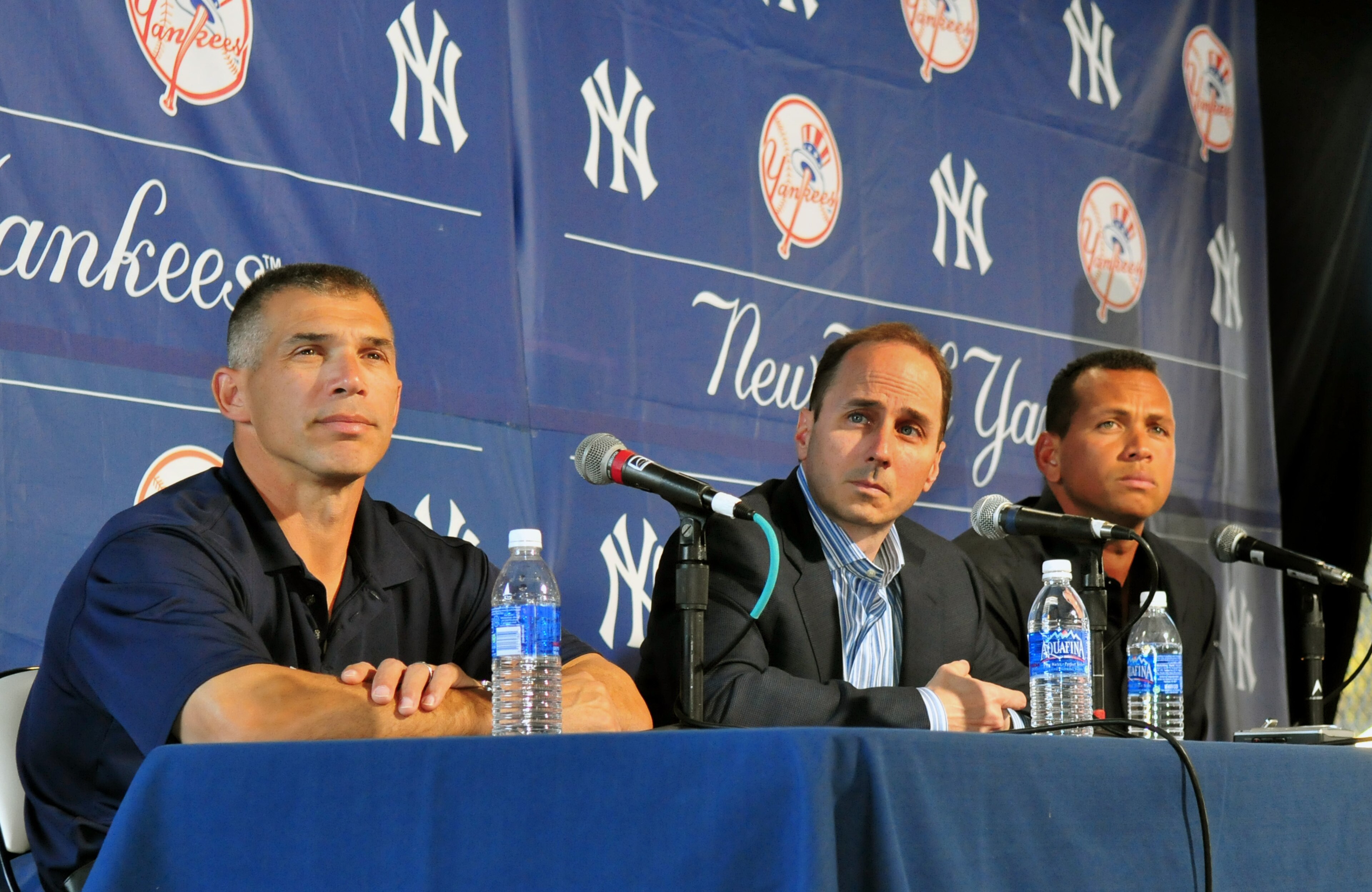 TAMPA - FEBRUARY 17: Infielder Alex Rodriguez of the New York Yankees talks during a press conference as manager Joe Girardi (L) and General Manager Brian Cashman (C) listen February 17, 2008 at the George M. Steinbrenner Field in Tampa, Florida. The Yank TAMPA - FEBRUARY 17: Infielder Alex Rodriguez of the New York Yankees talks during a press conference as manager Joe Girardi (L) and General Manager Brian Cashman (C) listen February 17, 2008 at the George M. Steinbrenner Field in Tampa, Florida. The Yank