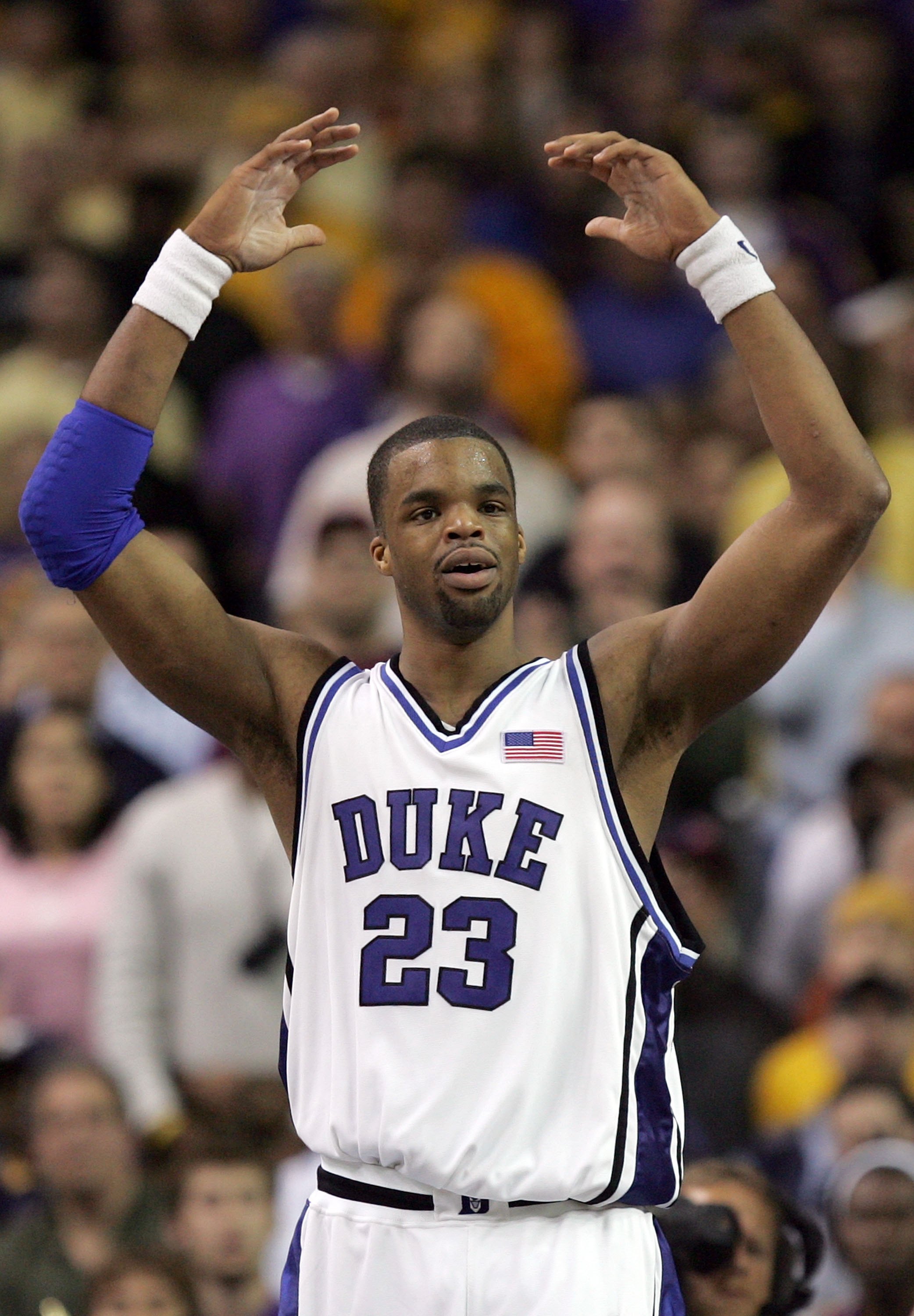 ATLANTA - MARCH 23:  Shelden Williams #23 of the Duke Blue Devils throws his hands up in reaction to a call during third round game of the 2006 NCAA Division I Men's Basketball Tournament Regional against the LSU Tigers at the Georgia Dome on March 23, 20