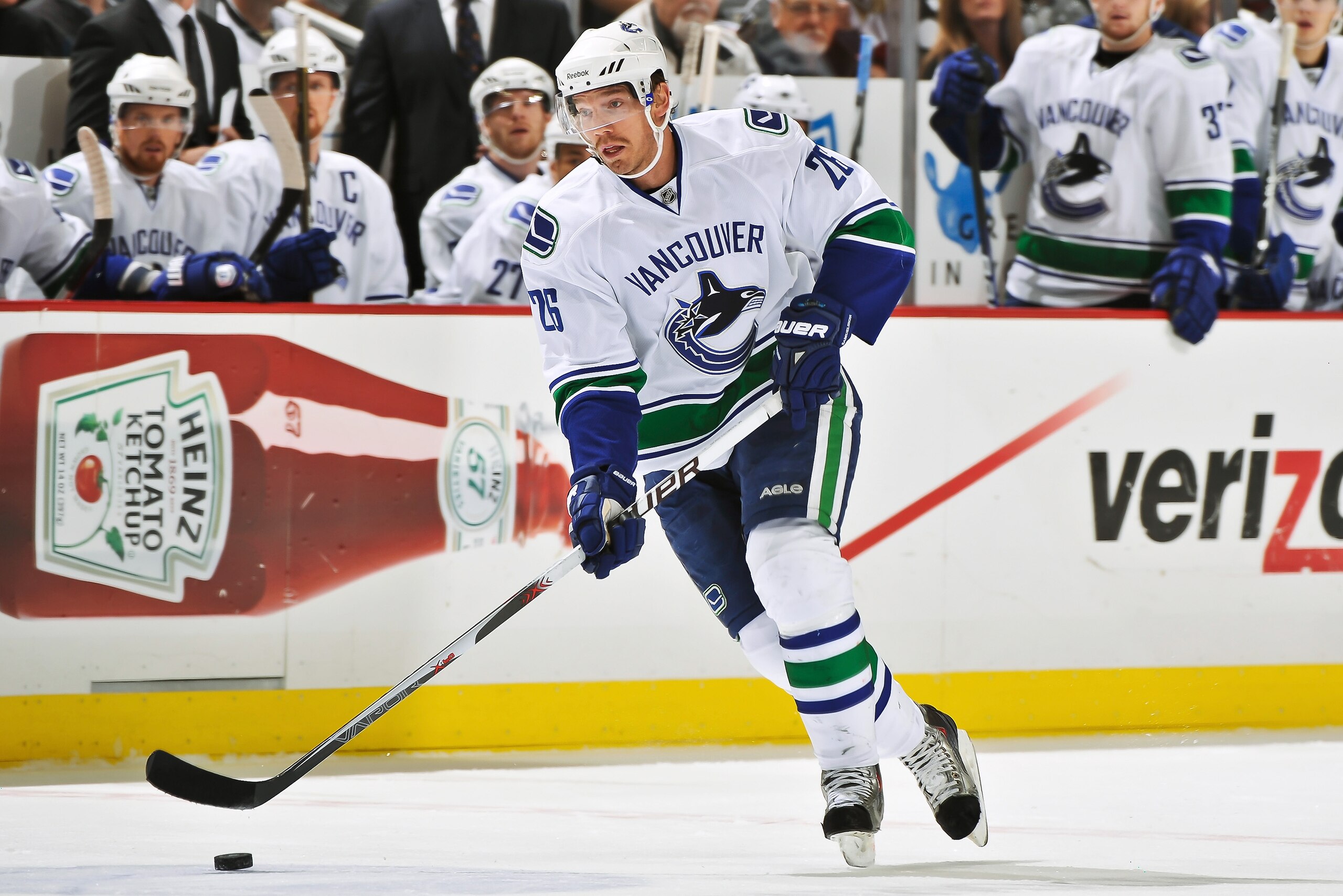 PITTSBURGH - NOVEMBER 17:  Mikael Samuelsson #26 of the Vancouver Canucks skates with the puck against the Pittsburgh Penguins on November 17, 2010 at Consol Energy Center in Pittsburgh, Pennsylvania.  (Photo by Jamie Sabau/Getty Images)