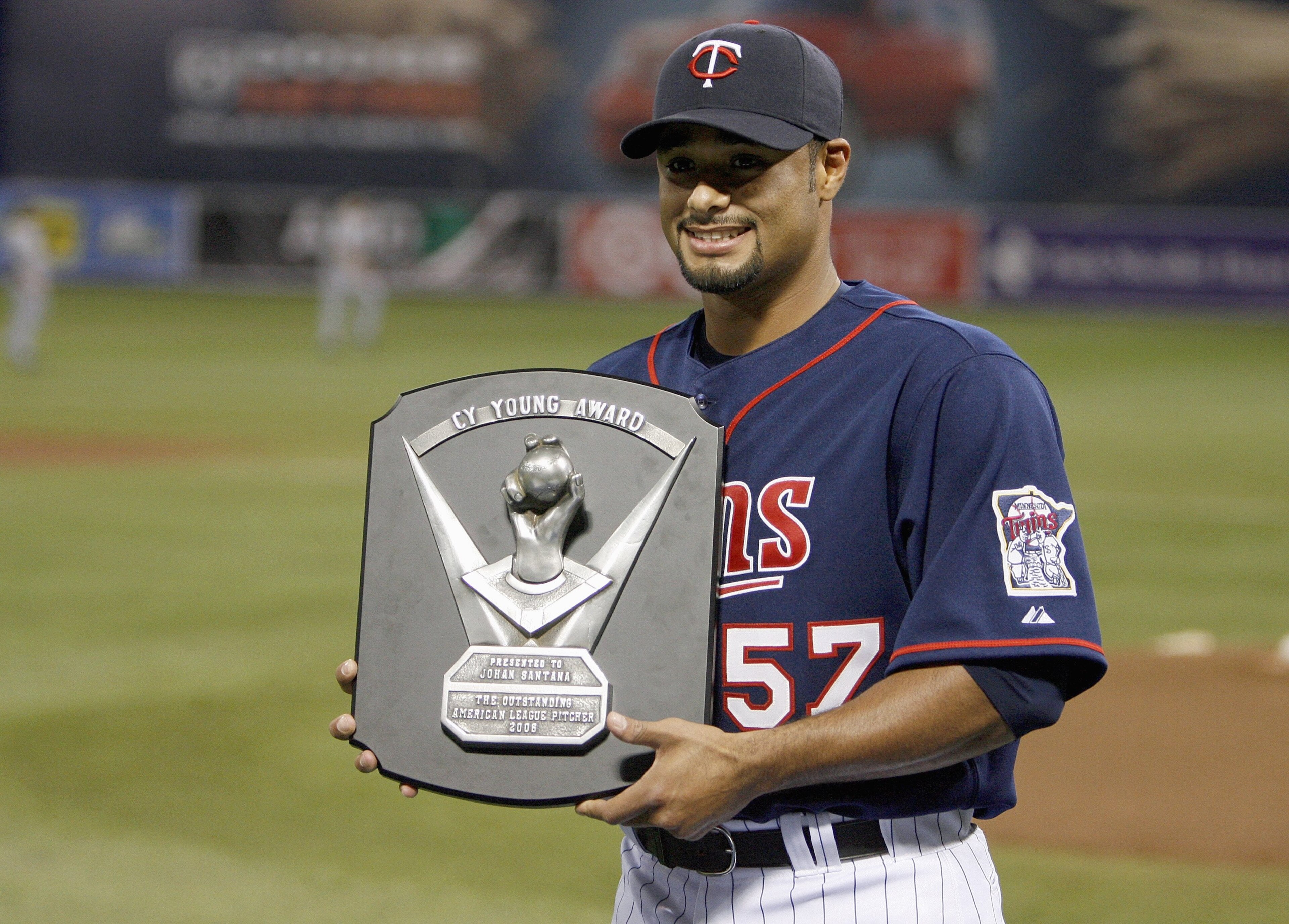 MINNEAPOLIS, MN - APRIL 14: Johan Santana #57 of the Twins receives the 2006 Cy Young Award on April 14, 2007 at the Metrodome in Minneapolis, Minnesota. (Photo by Scott A. Schneider/Getty Images)