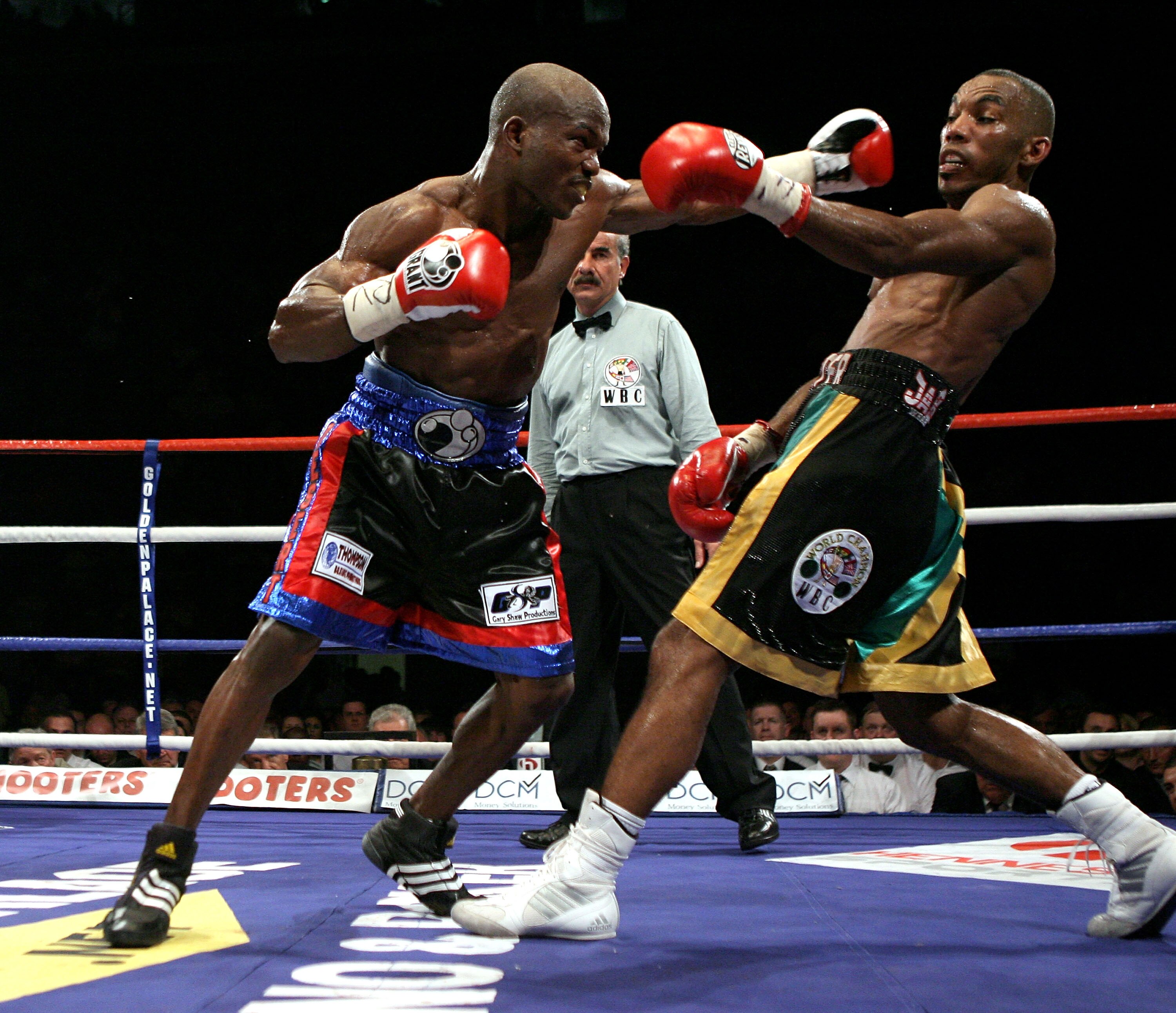 NOTTINGHAM, ENGLAND - MAY 10:  Timothy Bradley (L) misses with a left hook in his fight against Junior Witter during their WBC Light Welterweight fight on May 10, 2008 at Nottingham Ice Arena in Nottingham, England. (Photo by John Gichigi/Getty Images)
