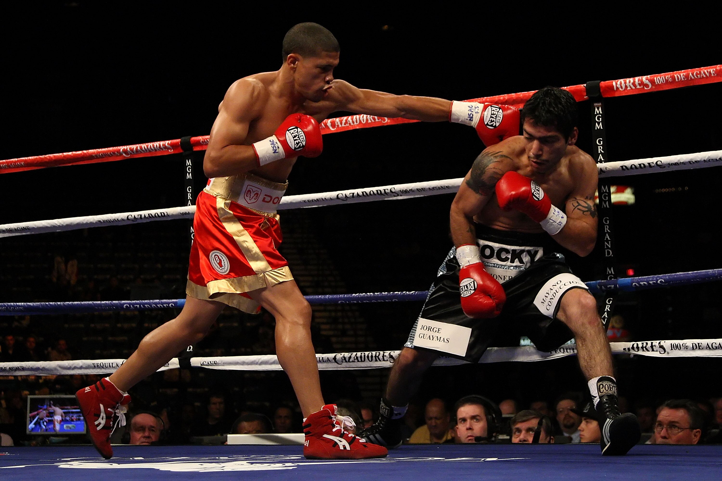 LAS VEGAS - DECEMBER 06:  (L-R) Juan Manuel Lopez of Puerto Rico throws a left to the head of Sergio Medina of Argentina during their WBO junior featherweight title fight at the MGM Grand Garden Arena December 6, 2008 in Las Vegas, Nevada. Lopez knocked o