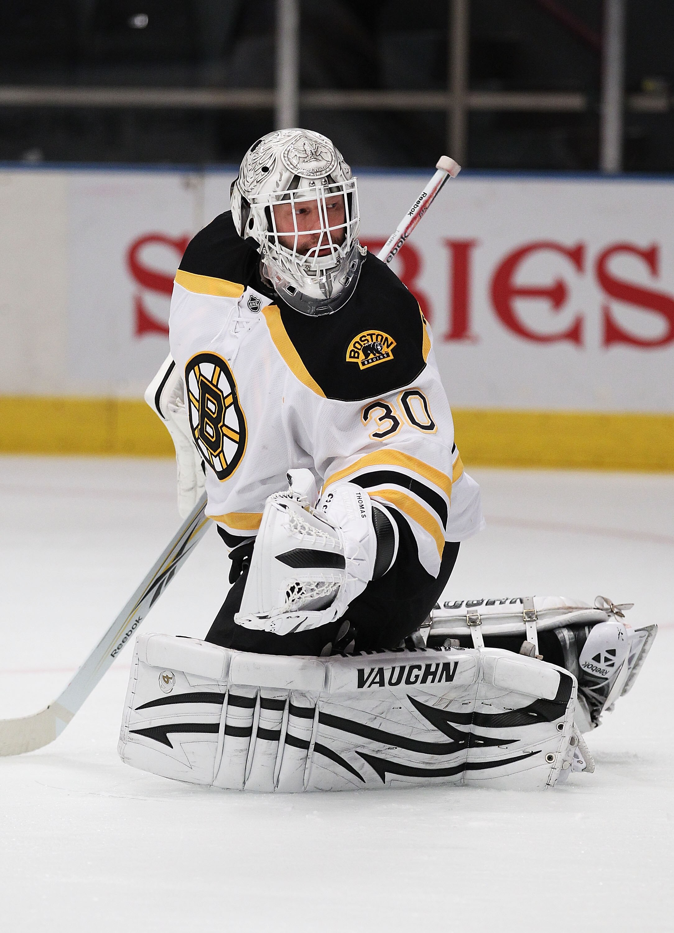 NEW YORK - NOVEMBER 17:  Tim Thomas #30 of the Boston Bruins in action against the New York Rangers during their game on November 17, 2010 at Madison Square Garden in New York City, New York.  (Photo by Al Bello/Getty Images)