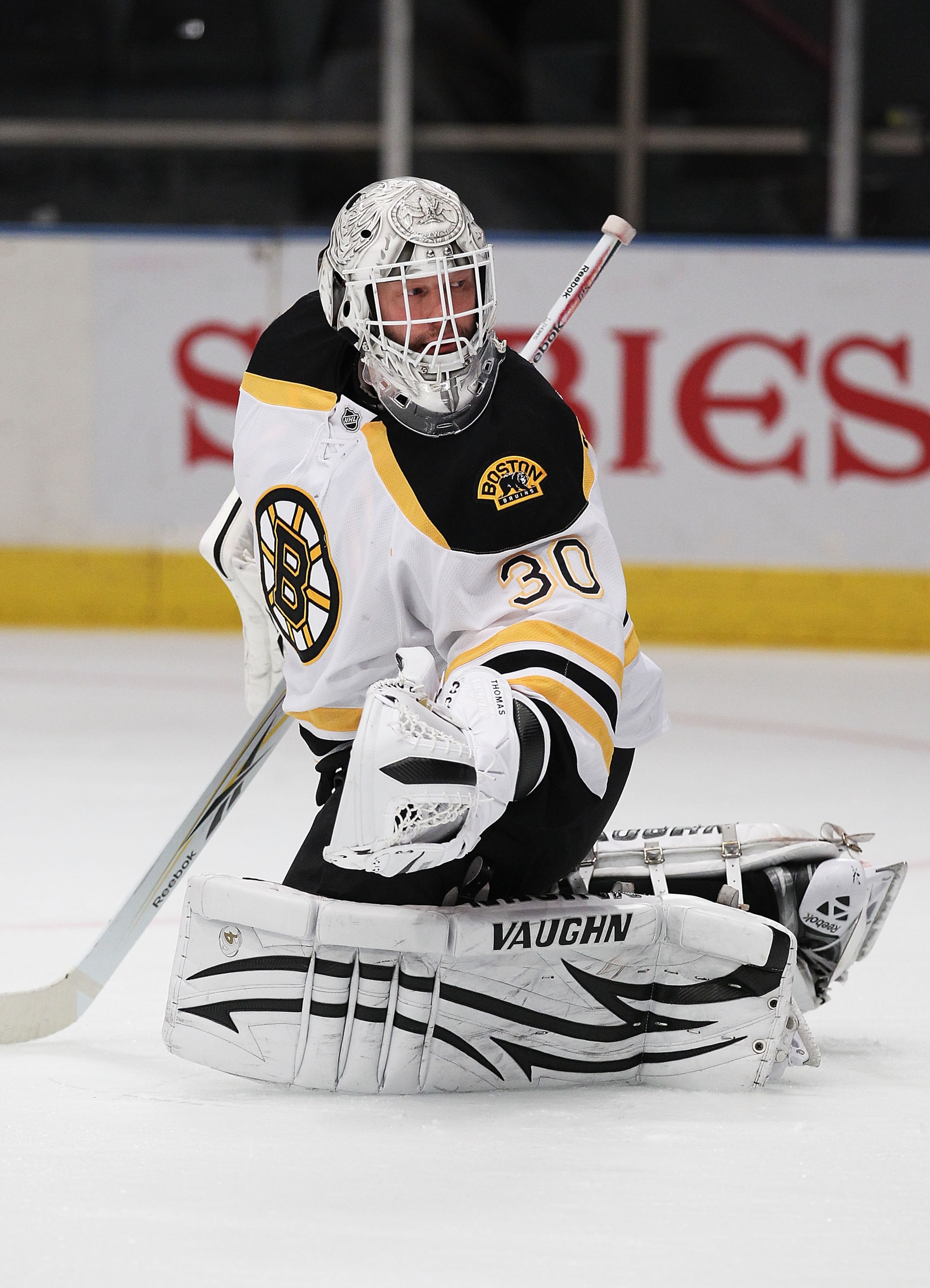 NEW YORK - NOVEMBER 17:  Tim Thomas #30 of the Boston Bruins in action against the New York Rangers during their game on November 17, 2010 at Madison Square Garden in New York City, New York.  (Photo by Al Bello/Getty Images)