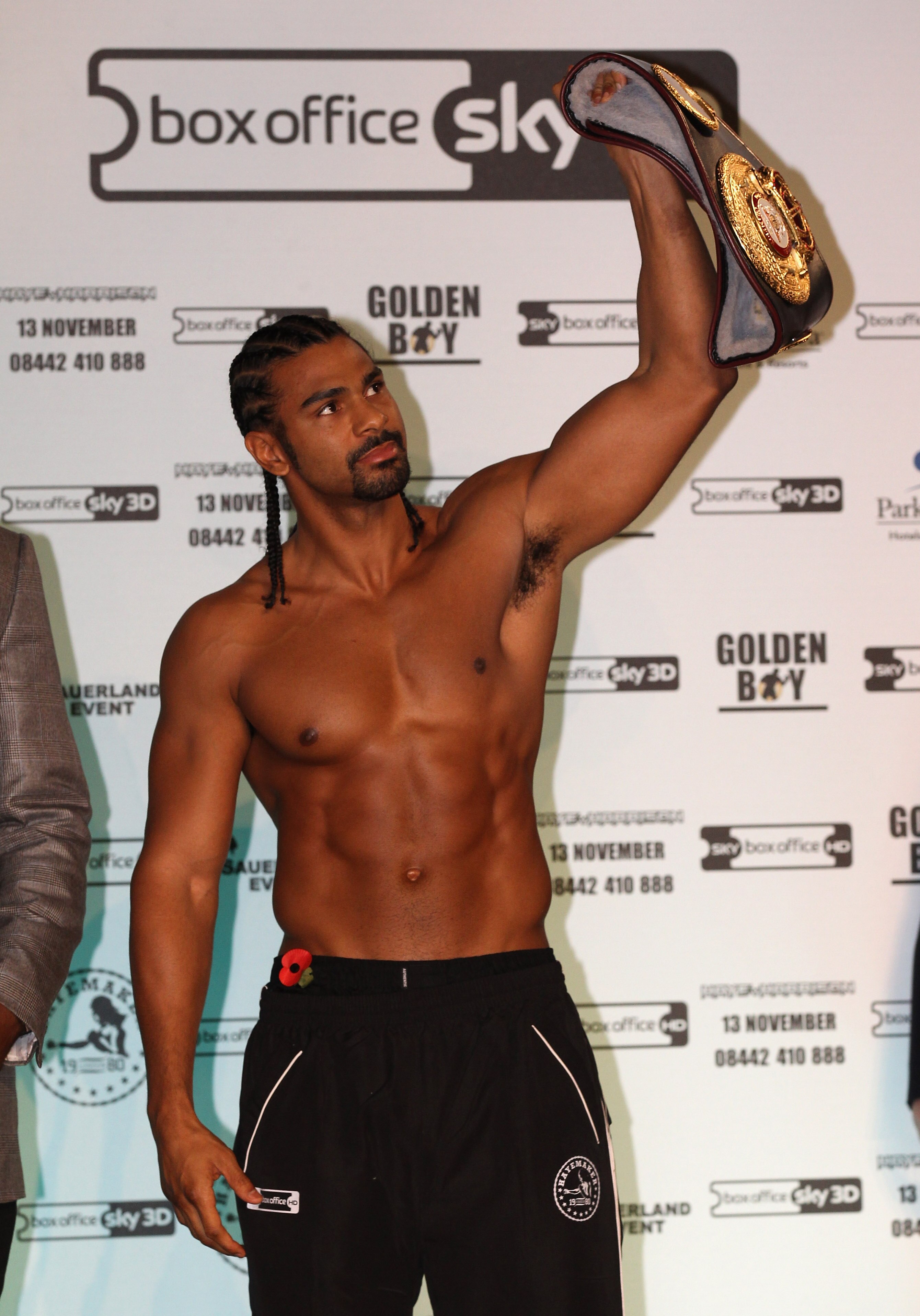 MANCHESTER, ENGLAND - NOVEMBER 12:  David Haye shows off his WBA Heavyweight belt during the official weigh-in at The Lowry Theatre on November 12, 2010 in Manchester, England.  (Photo by Alex Livesey/Getty Images)