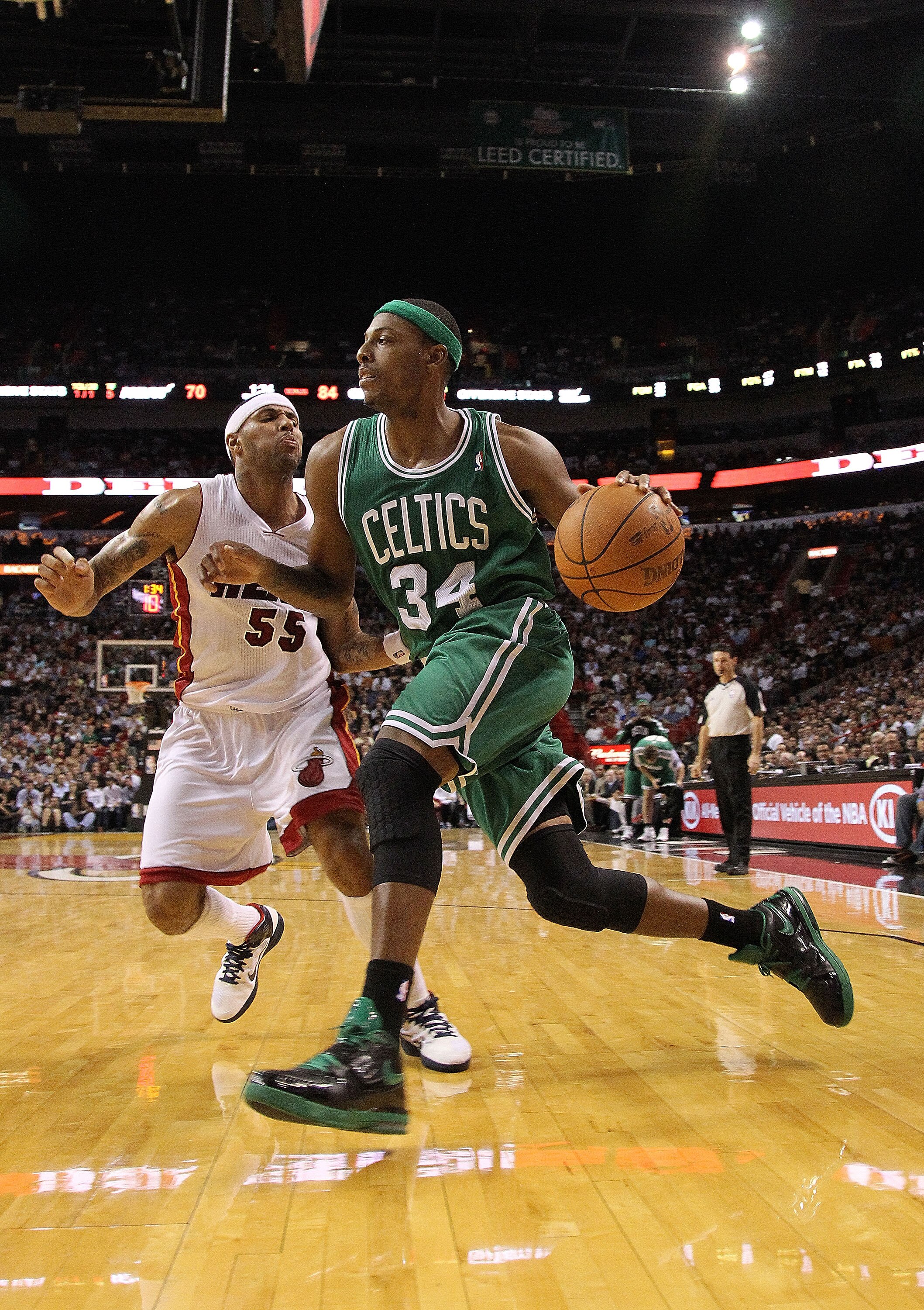 MIAMI - NOVEMBER 11:  Paul Pierce #34 of the Boston Celtics drives during a game against the Miami Heat at American Airlines Arena on November 11, 2010 in Miami, Florida. NOTE TO USER: User expressly acknowledges and agrees that, by downloading and/or usi