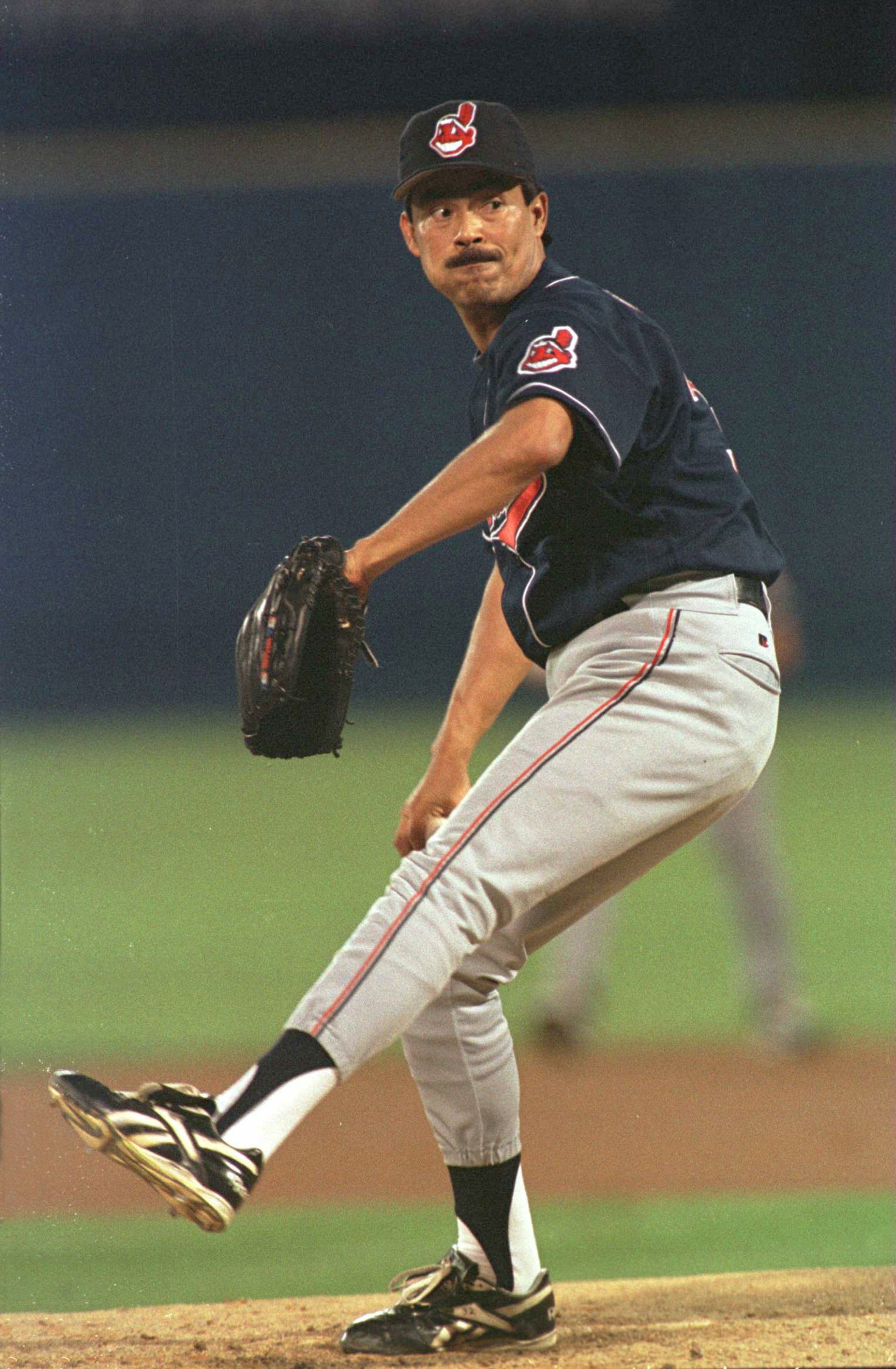 22 Oct 1995:  Pitcher Dennis Martinez of the Cleveland Indians focuses in on home plate as he begins his delivery during the first inning of the Indians game two match up against the Atlanta Braves in the 1995 World Series Championships at Fulton CountySt