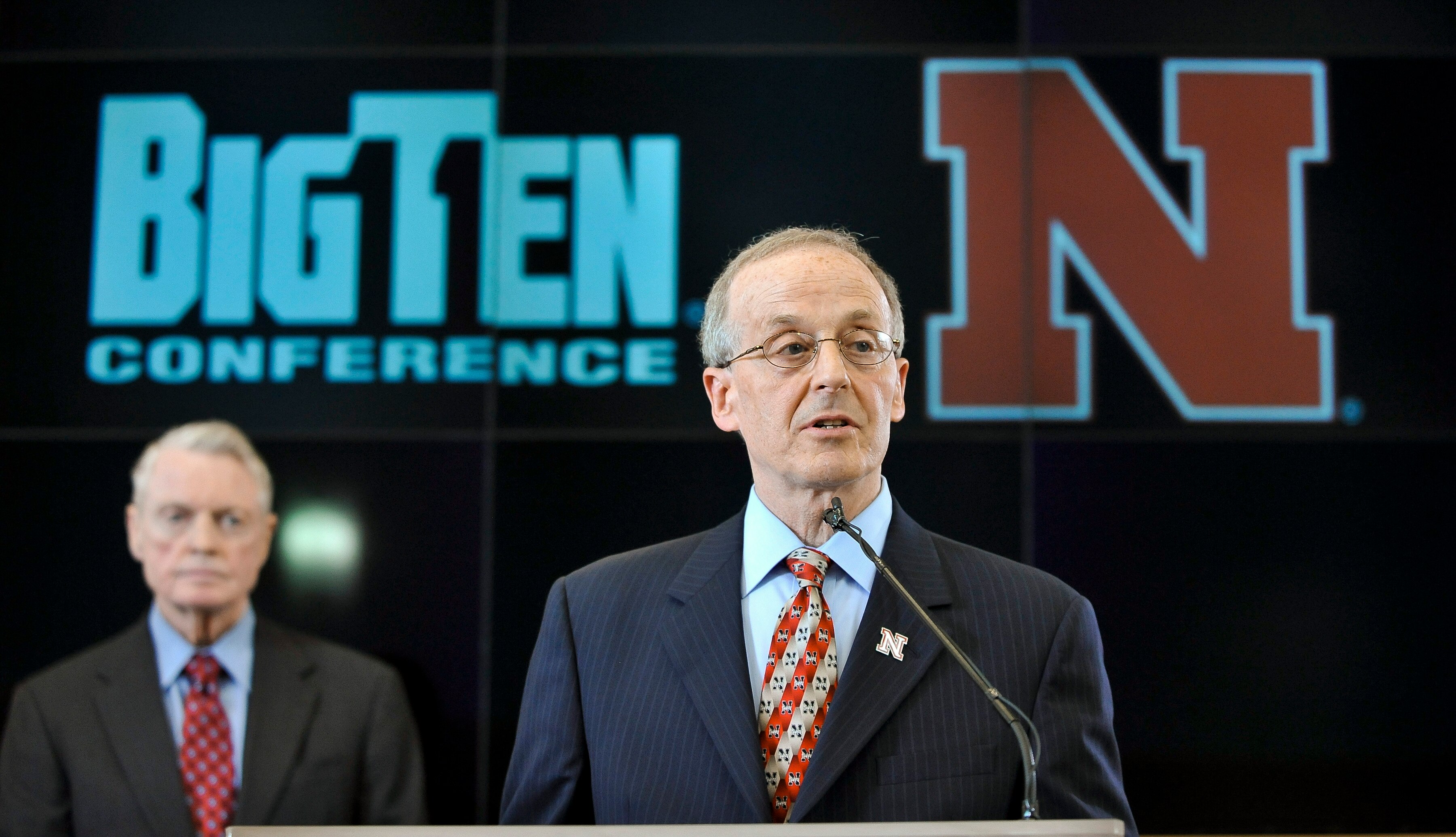LINCOLN, NE. - JUNE 11:  University of Nebraska Chancellor Harvey Pearlman and  Athletic Director Tom Osbourne(L) speaks at a press conference announcing Nebraska accepting an invitation to join the Big Ten Conference June 11, 2010  in Lincoln, Nebraska.