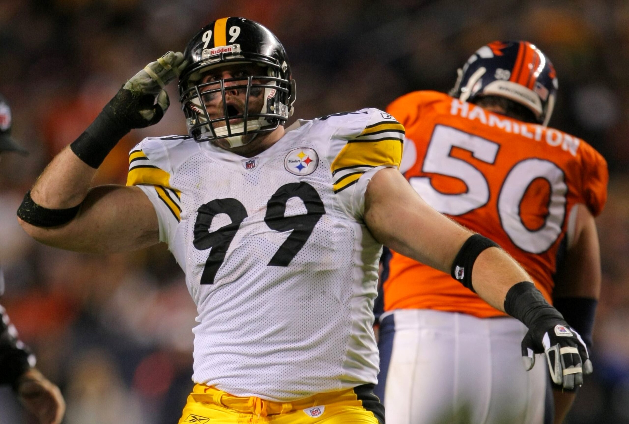 DENVER - NOVEMBER 09: Brett Keisel #99 of the Pittsburgh Steelers celebrates after a sack in the second quarter against the Denver Broncos at Invesco Field at Mile High on November 09, 2009 in Denver, Colorado. (Photo by Doug Pensinger/Getty Images)
