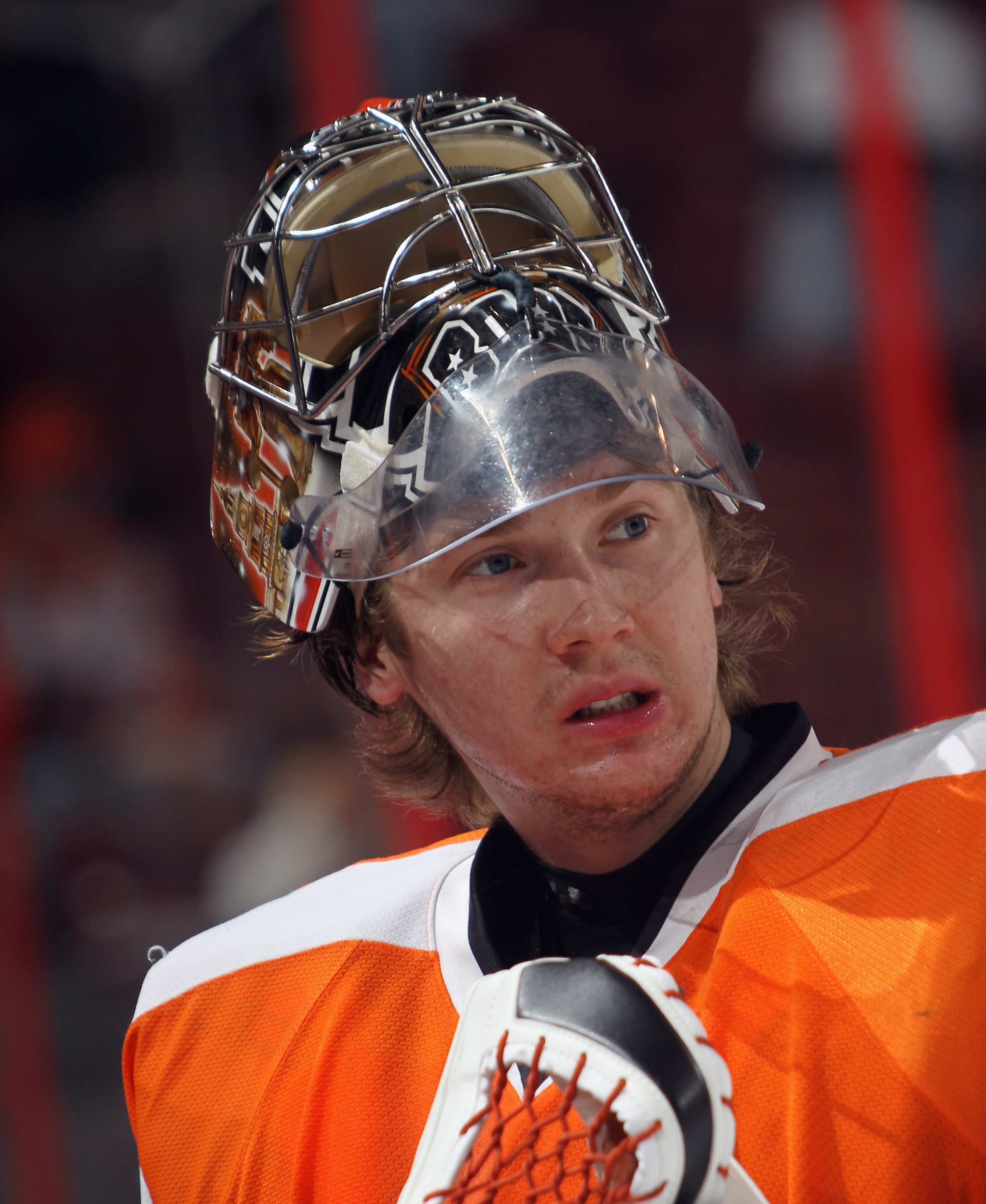 PHILADELPHIA - NOVEMBER 15: Sergei Bobrovsky #35 of the Philadelphia Flyers skates in warmups prior to the game against the Ottawa Senators at the Wells Fargo Center on November 15, 2010 in Philadelphia, Pennsylvania. (Photo by Bruce Bennett/Getty Images)
